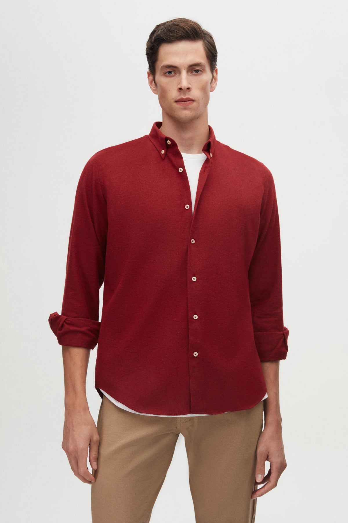 Ds Damat Regular Fit Plain Winter Flannel Shirt  - Burgundy