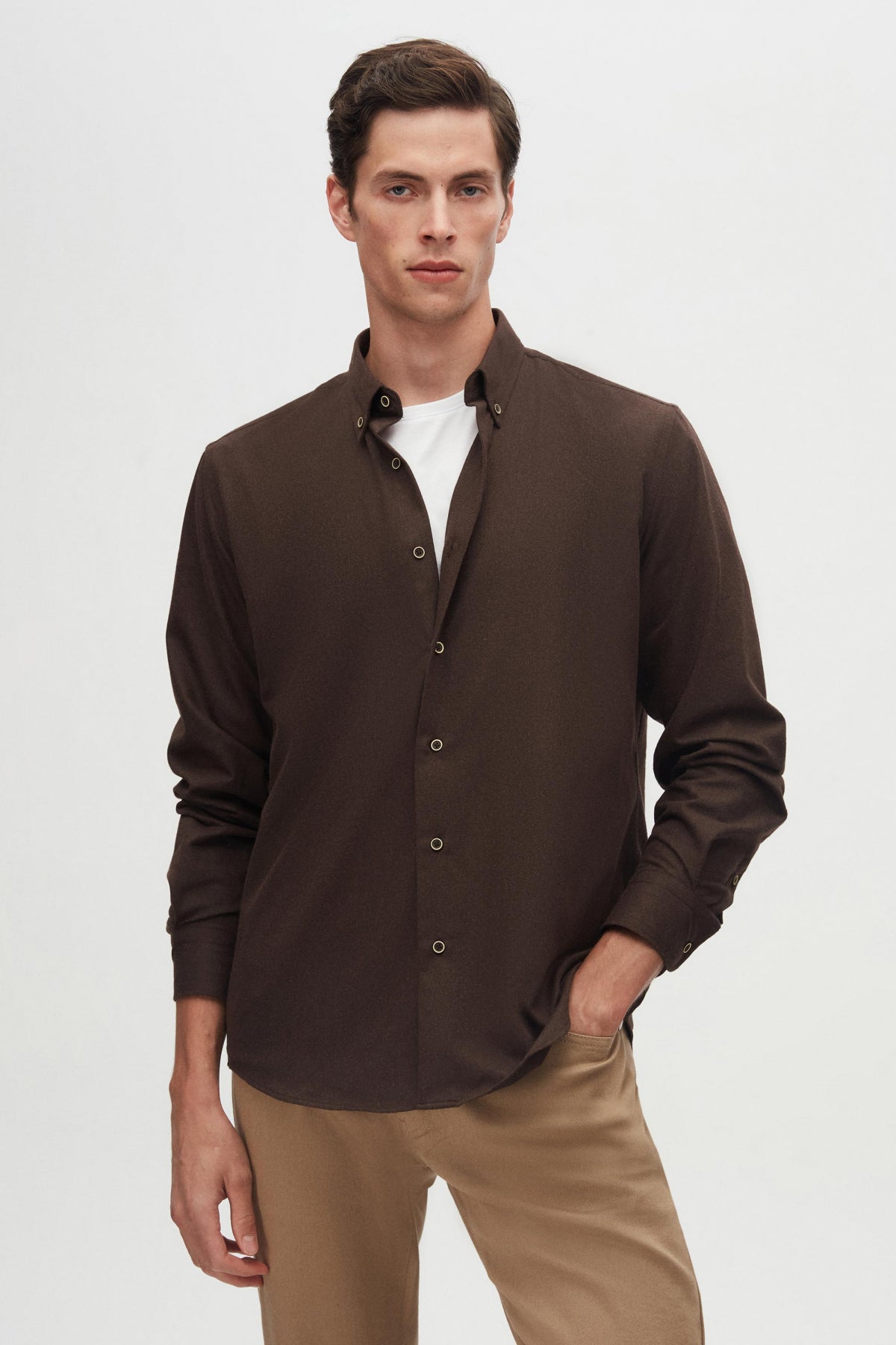 Ds Damat Regular Fit Plain Winter Flannel Shirt  - Dark Coffee
