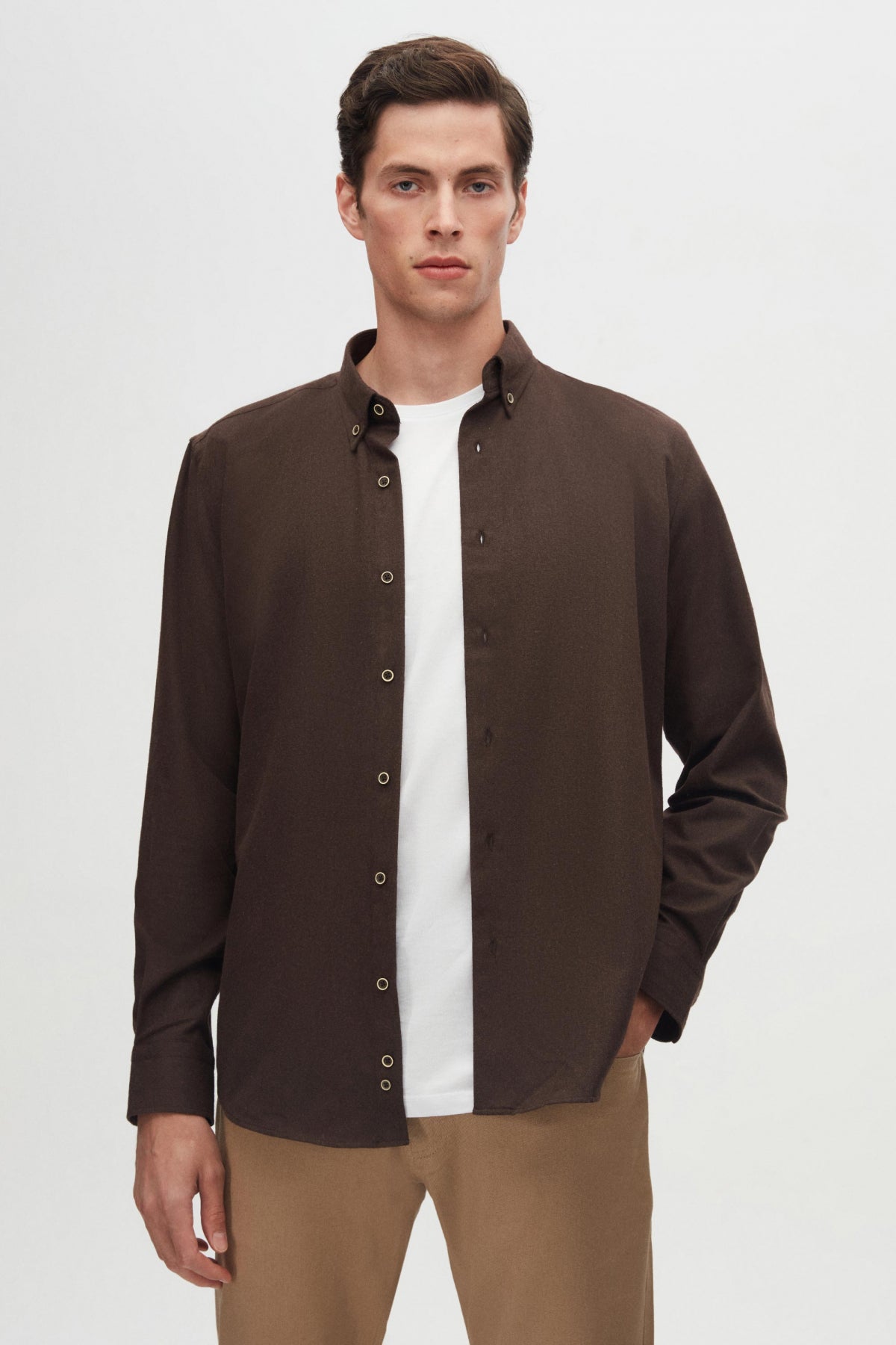 Ds Damat Regular Fit Plain Winter Flannel Shirt  - Dark Coffee