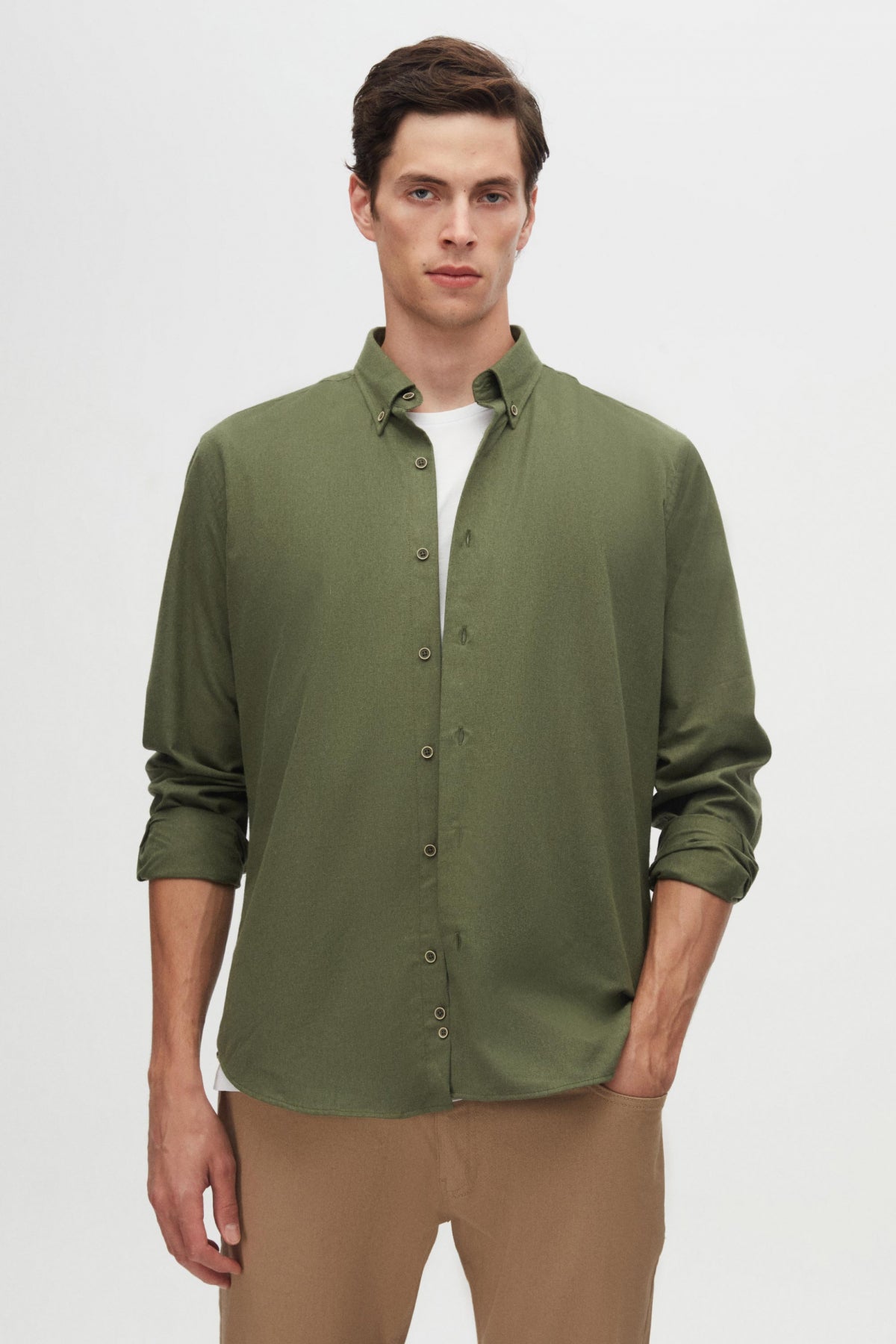 Ds Damat Regular Fit Plain Winter Flannel Shirt  - Khaki