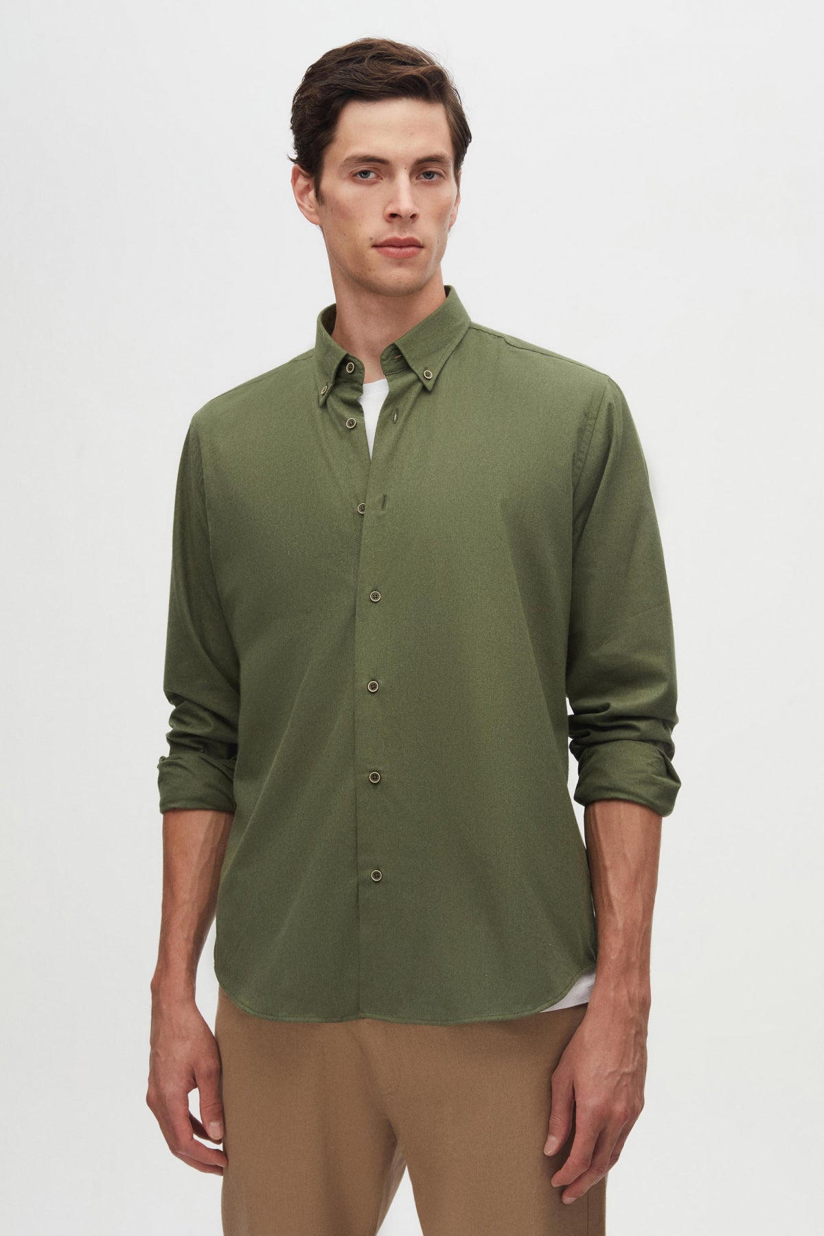 Ds Damat Regular Fit Plain Winter Flannel Shirt  - Khaki