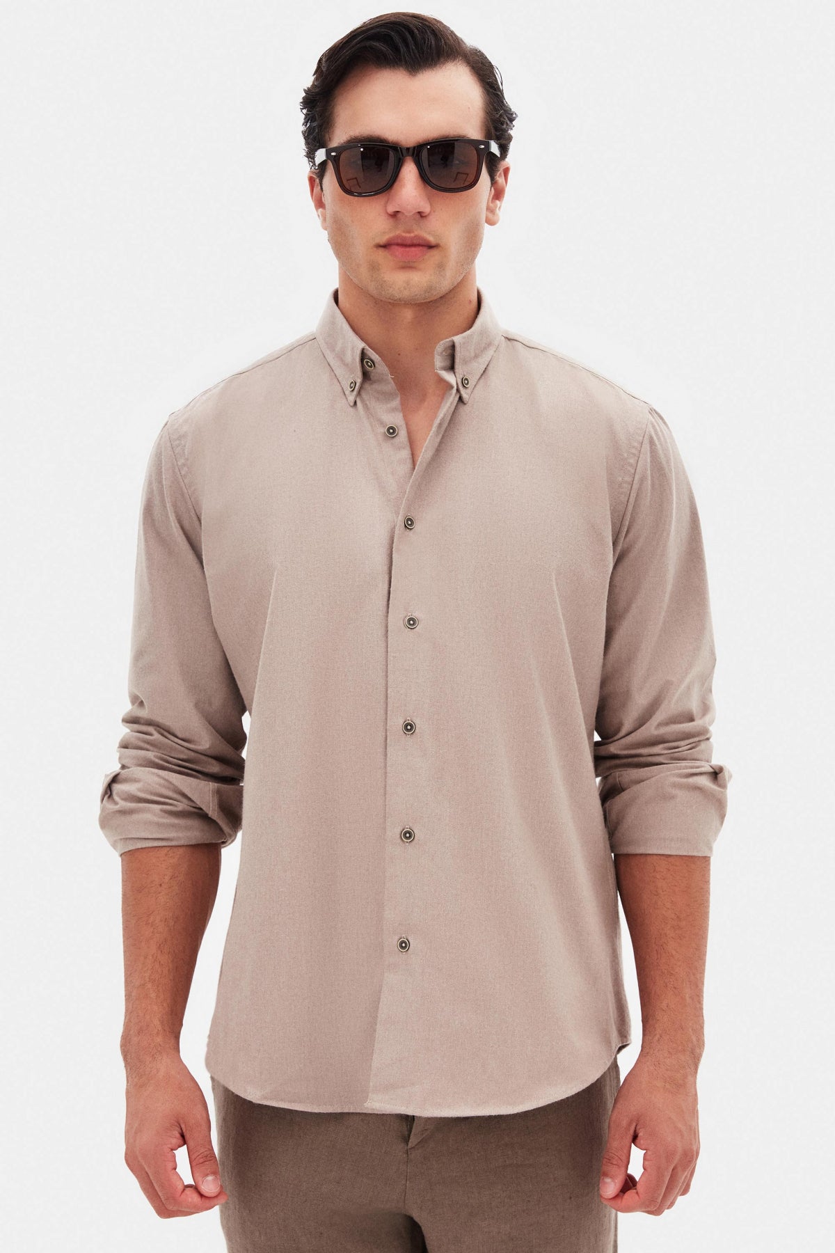 Ds Damat Regular Fit Plain Winter Flannel Shirt  - Taupe