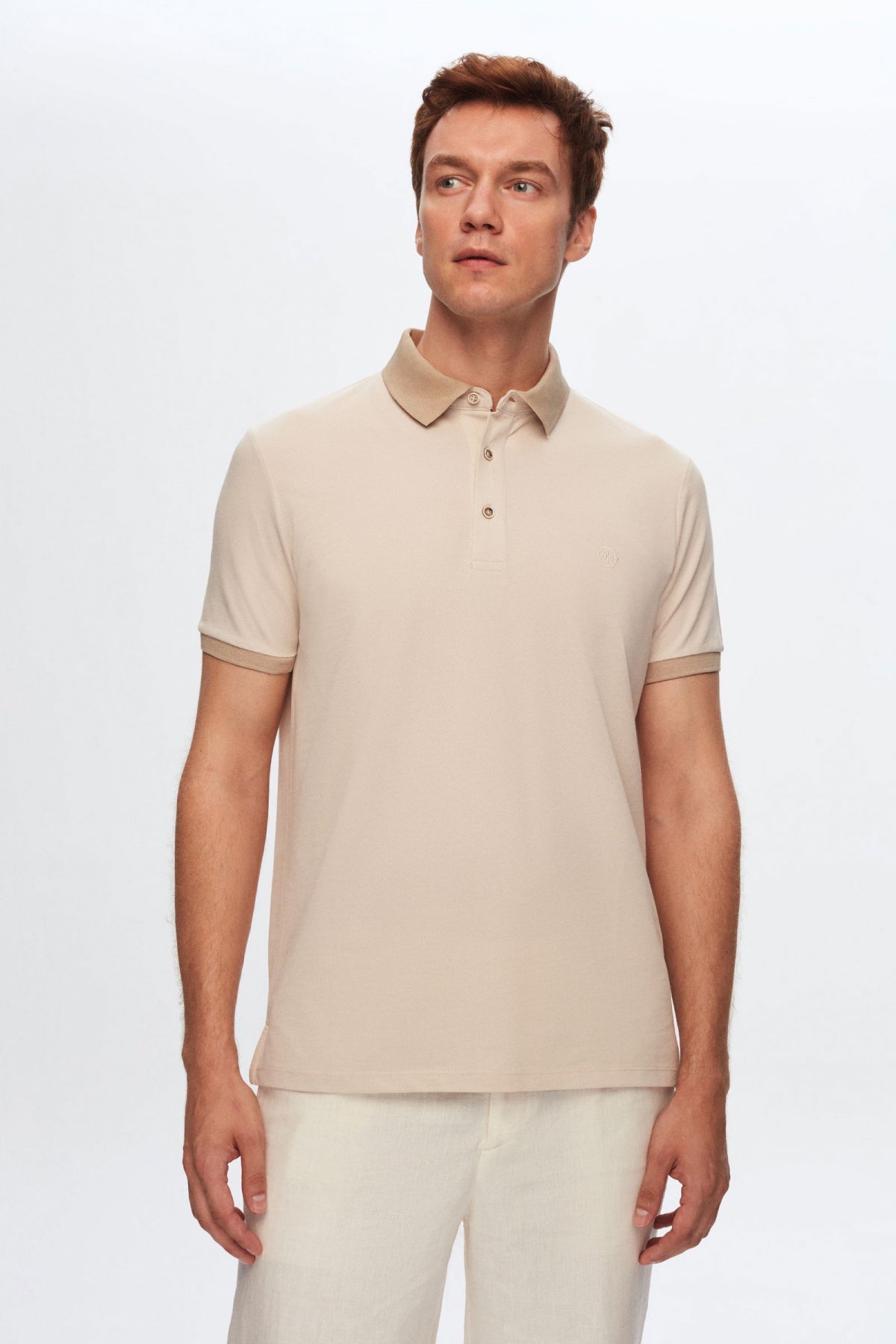 Ds Damat Regular Fit Polo Collar Embroidered Cotton Blend T-Shirt  - Beige