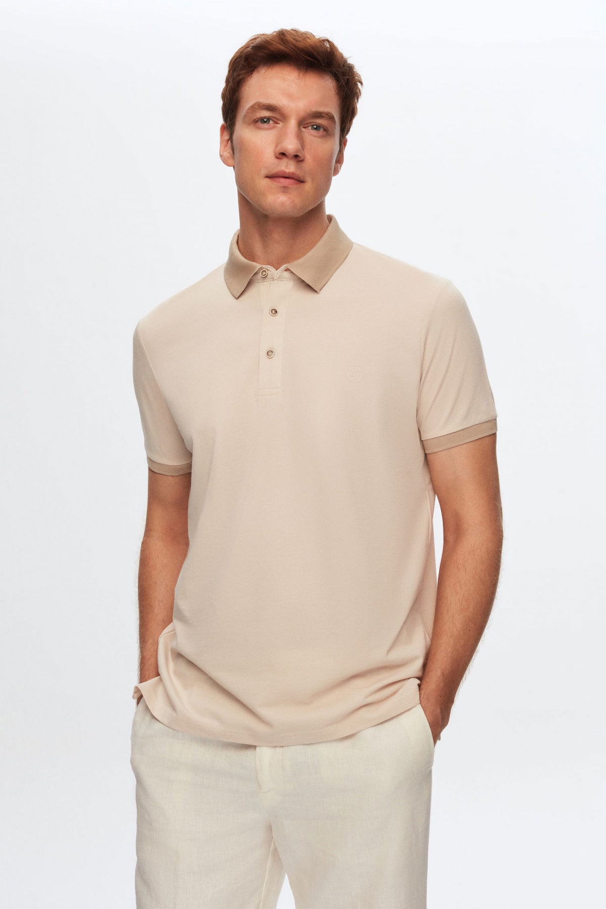 Ds Damat Regular Fit Polo Collar Embroidered Cotton Blend T-Shirt  - Beige