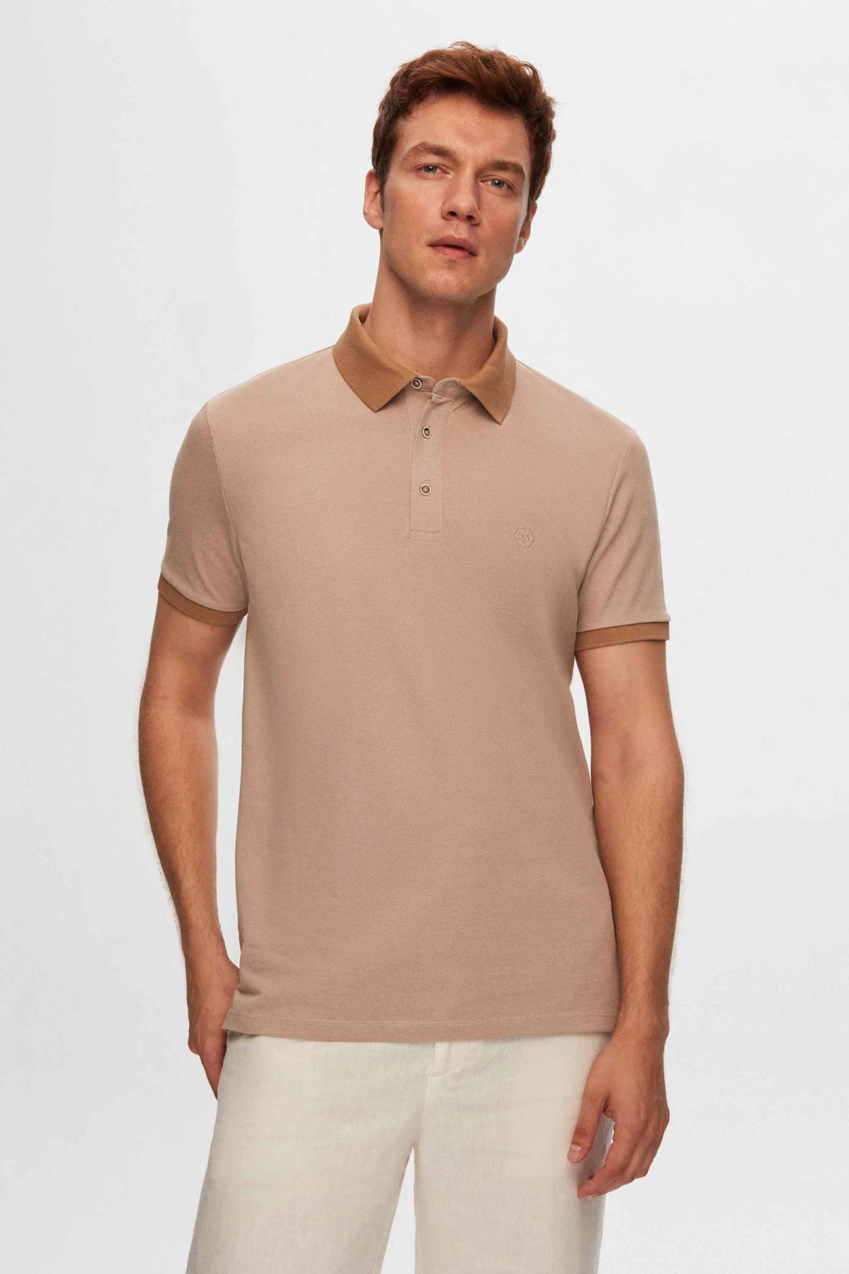 Ds Damat Regular Fit Polo Collar Embroidered Cotton Blend T-Shirt  - Beige