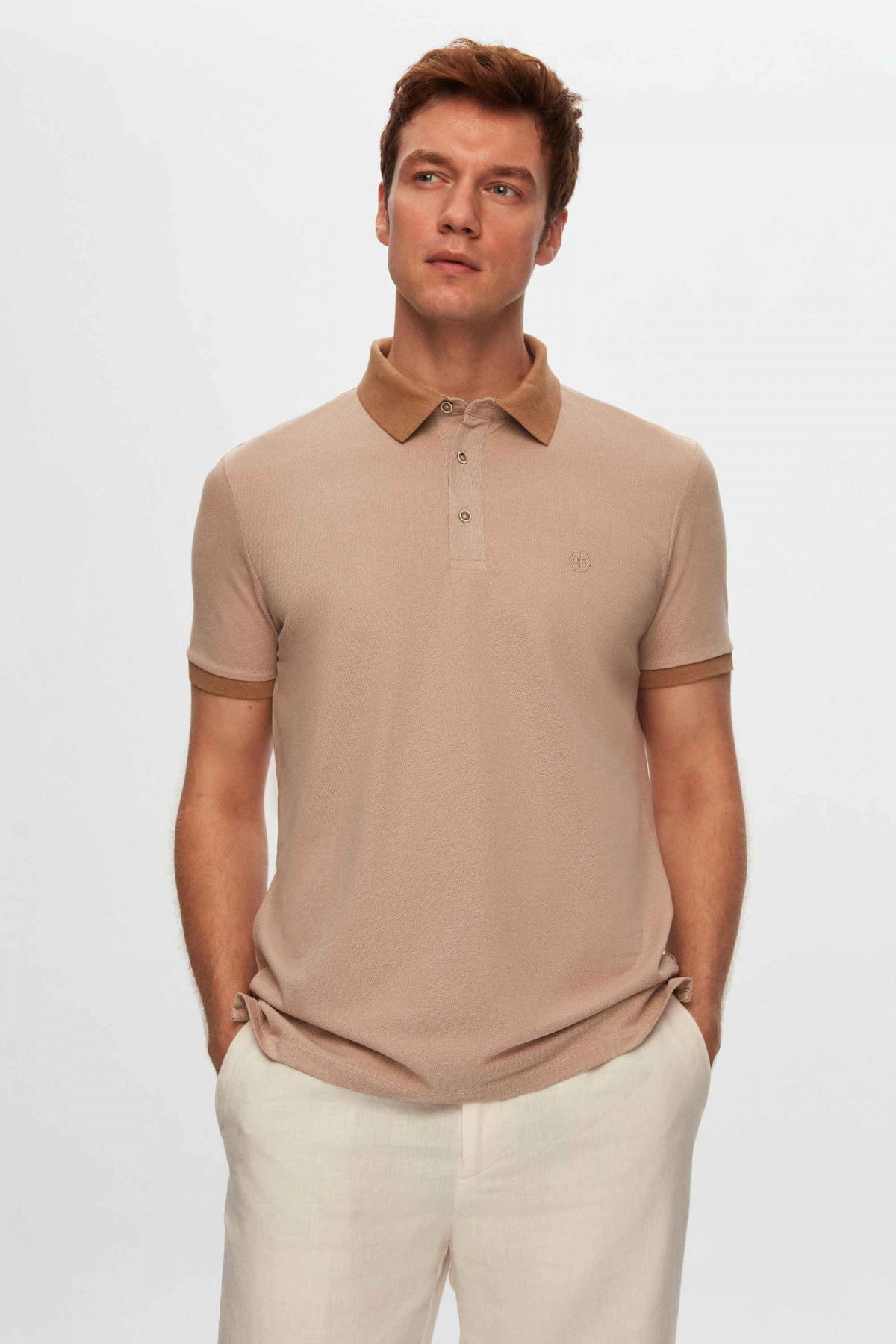 Ds Damat Regular Fit Polo Collar Embroidered Cotton Blend T-Shirt  - Beige