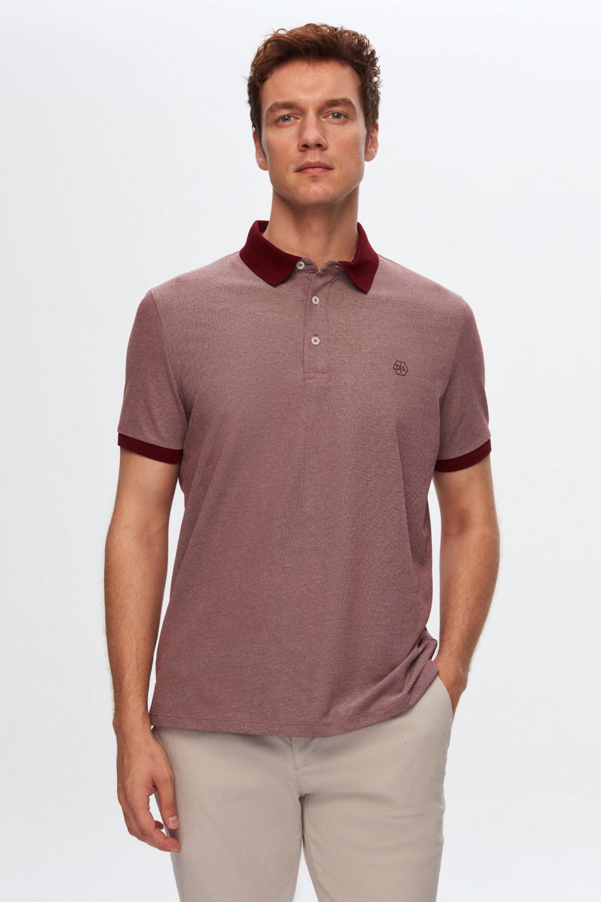 Ds Damat Regular Fit Polo Collar Embroidered Cotton Blend T-Shirt  - Burgundy