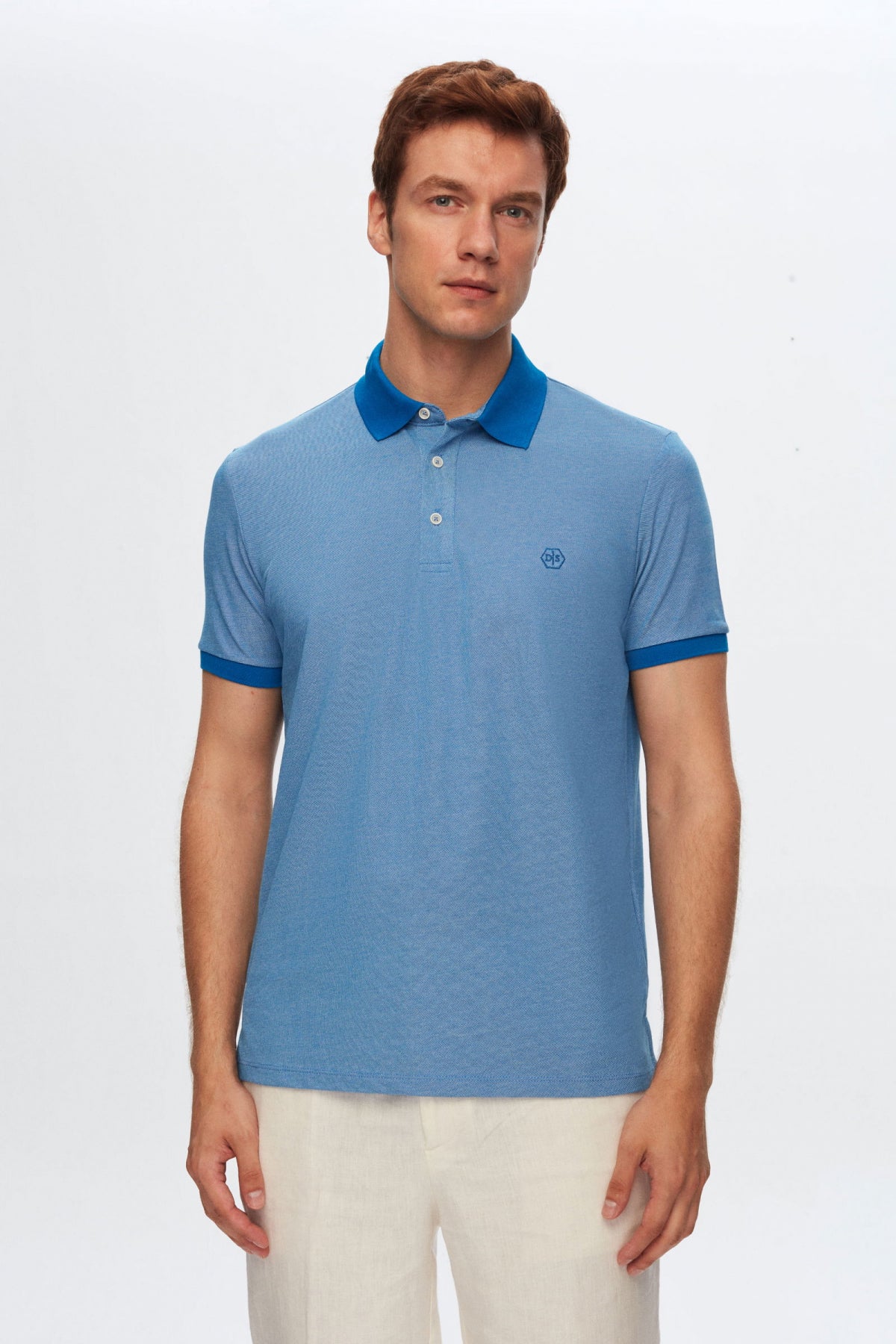 Ds Damat Regular Fit Polo Collar Embroidered Cotton Blend T-Shirt  - Cobalt Blue