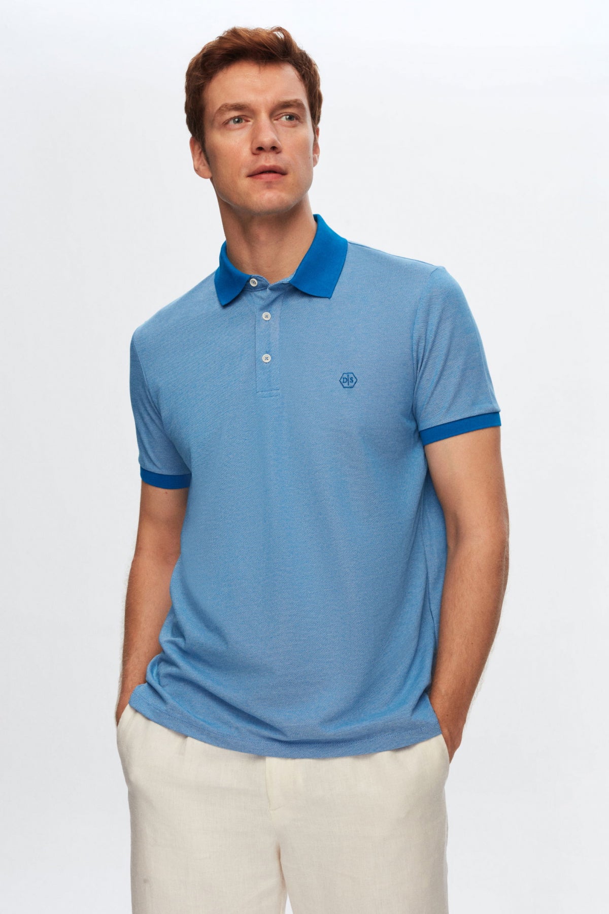 Ds Damat Regular Fit Polo Collar Embroidered Cotton Blend T-Shirt  - Cobalt Blue