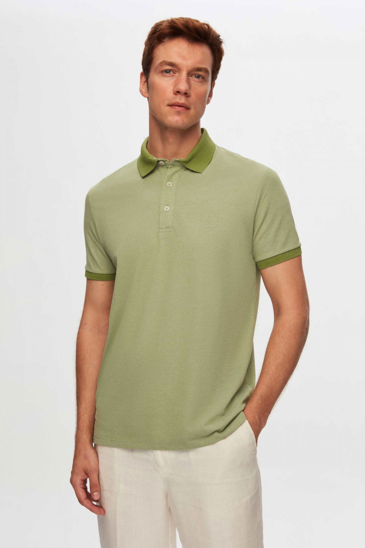 Ds Damat Regular Fit Polo Collar Embroidered Cotton Blend T-Shirt  - Green