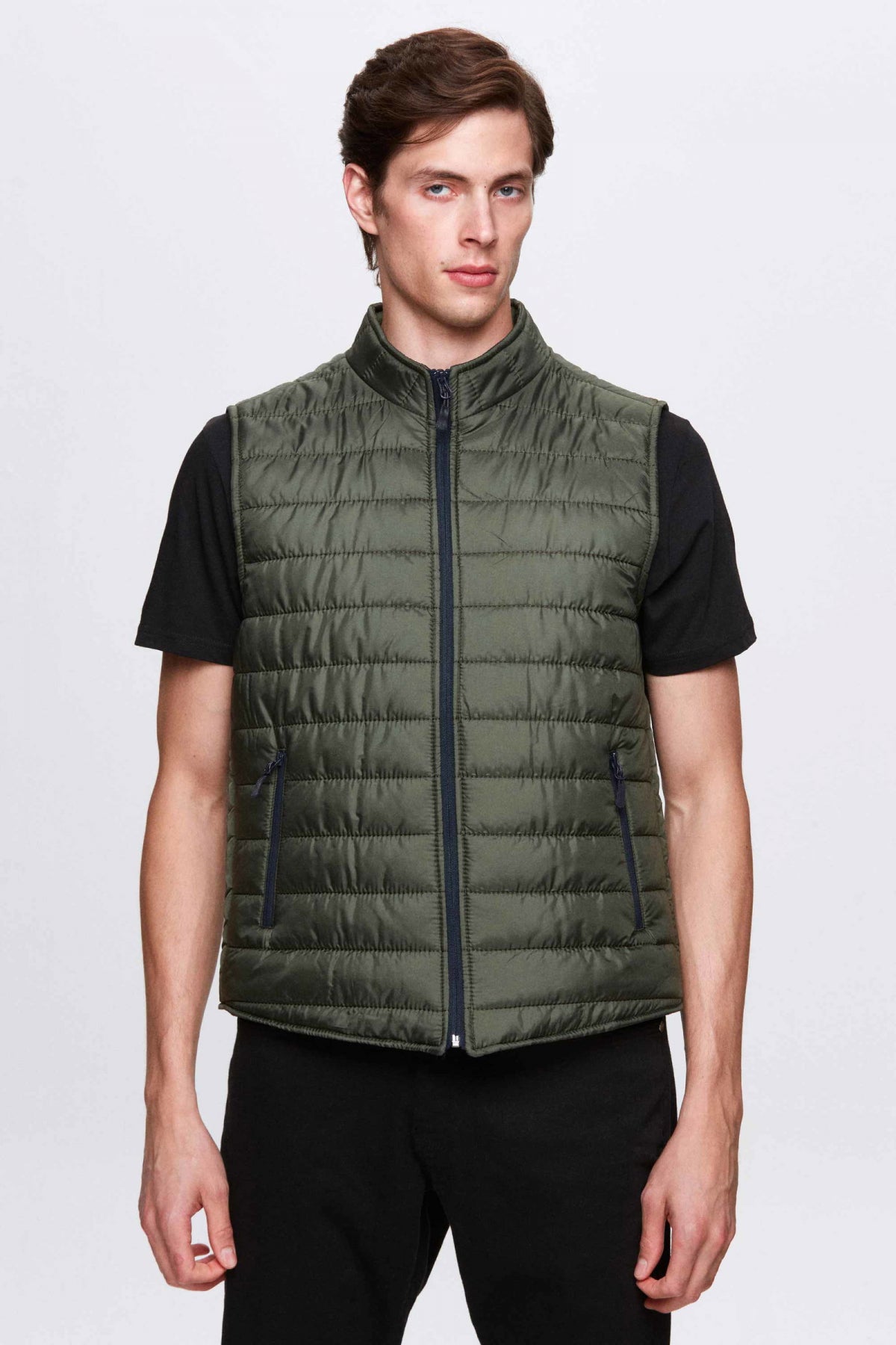 Ds Damat Regular Fit Stand Collar Fiber-Filled Seasonal Zippered Vest Jacket  - Khaki