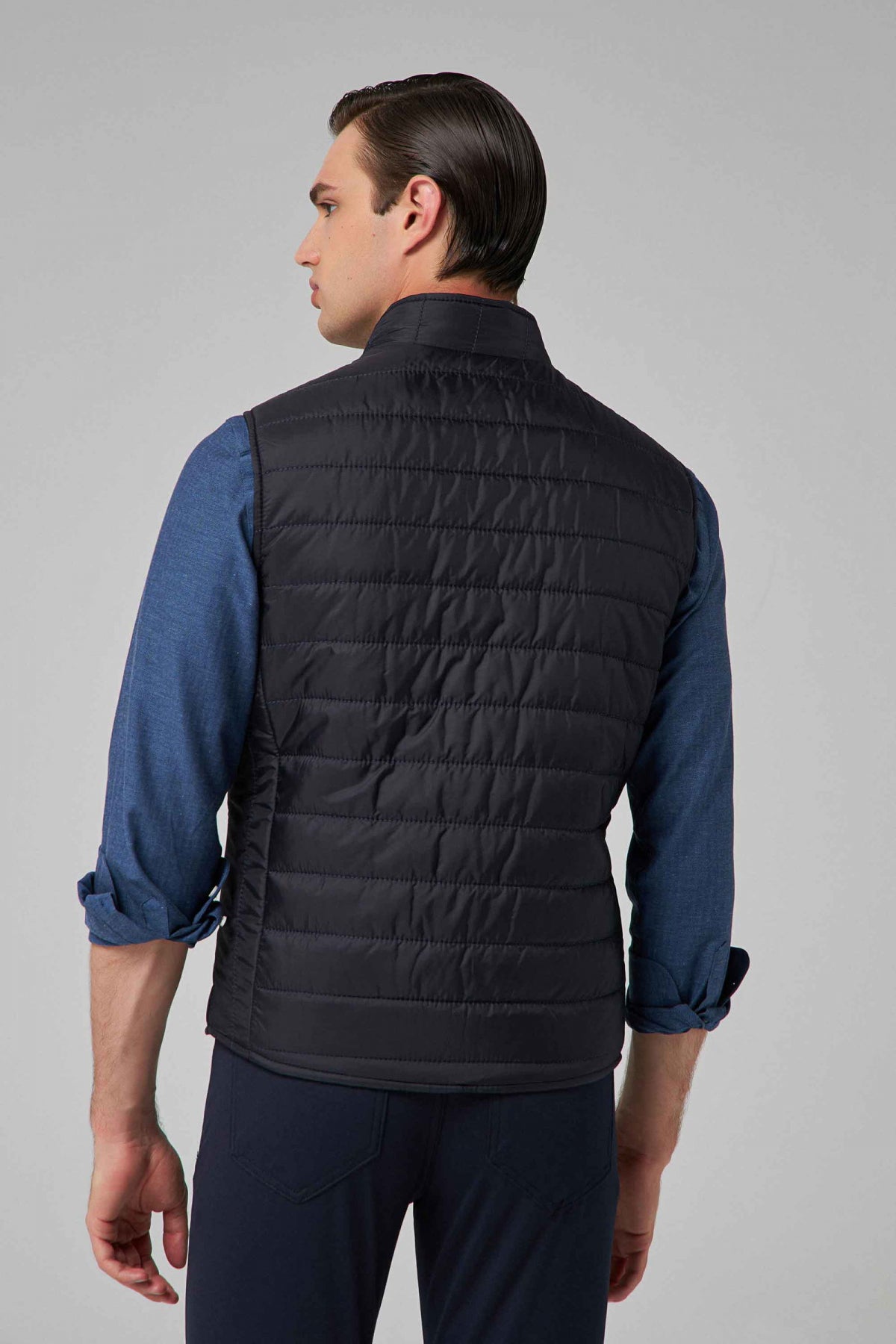 Ds Damat Regular Fit Stand Collar Fiber-Filled Seasonal Zippered Vest Jacket  - Navy Blue
