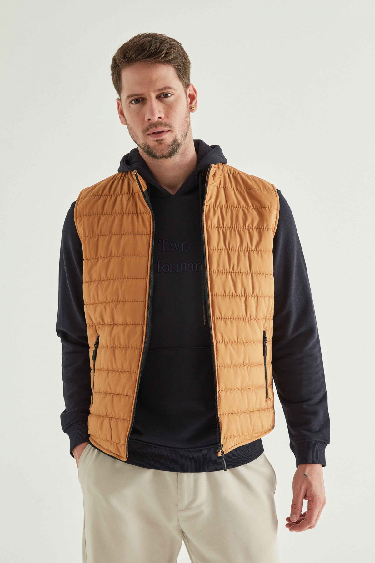 Ds Damat Regular Fit Stand Collar Fiber-Filled Seasonal Zippered Vest Jacket  - Saffron