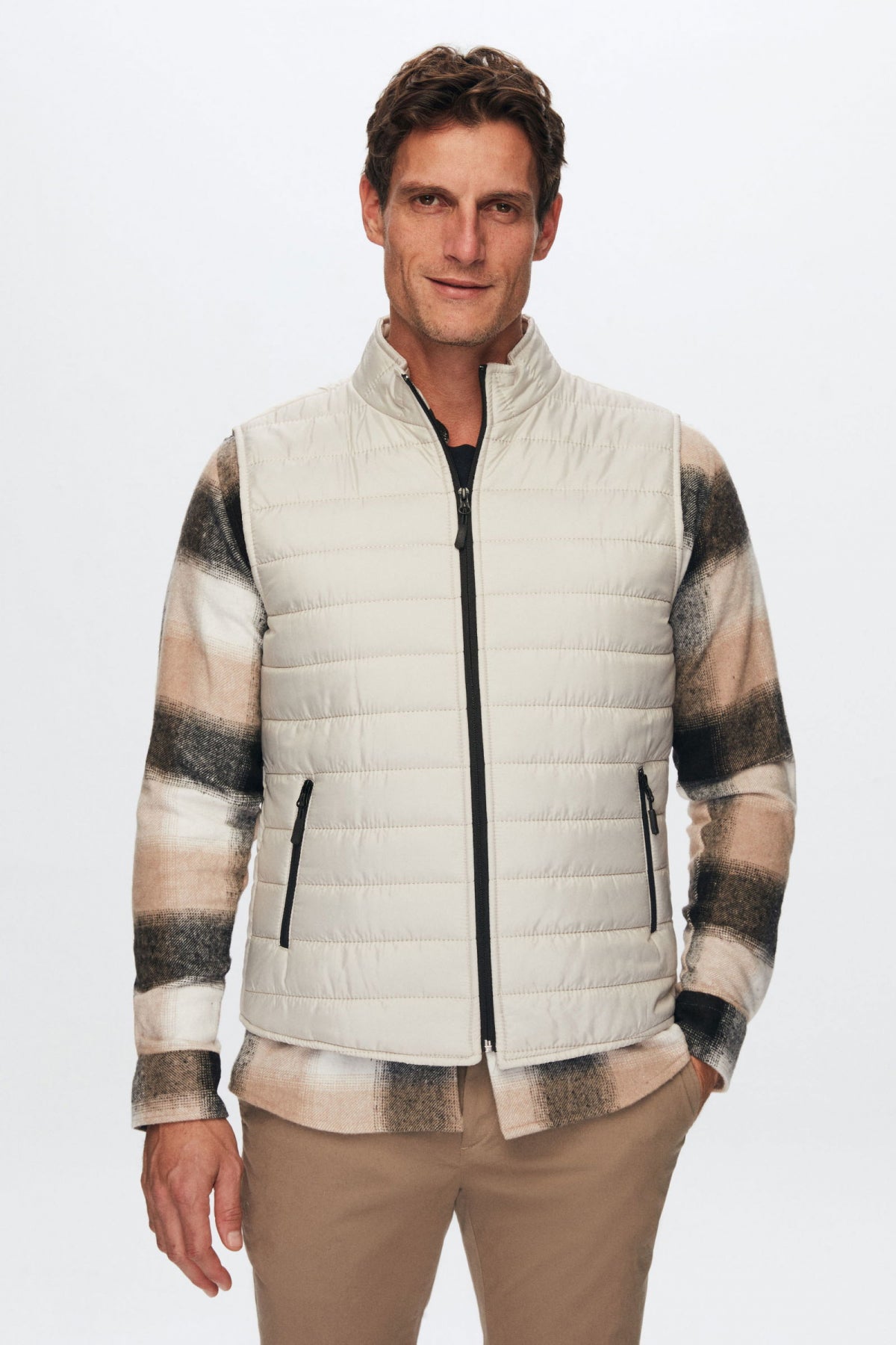 Ds Damat Regular Fit Stand Collar Fiber-Filled Seasonal Zippered Vest Jacket  - Stone