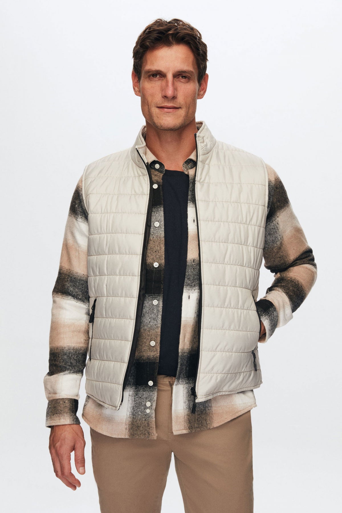 Ds Damat Regular Fit Stand Collar Fiber-Filled Seasonal Zippered Vest Jacket  - Stone