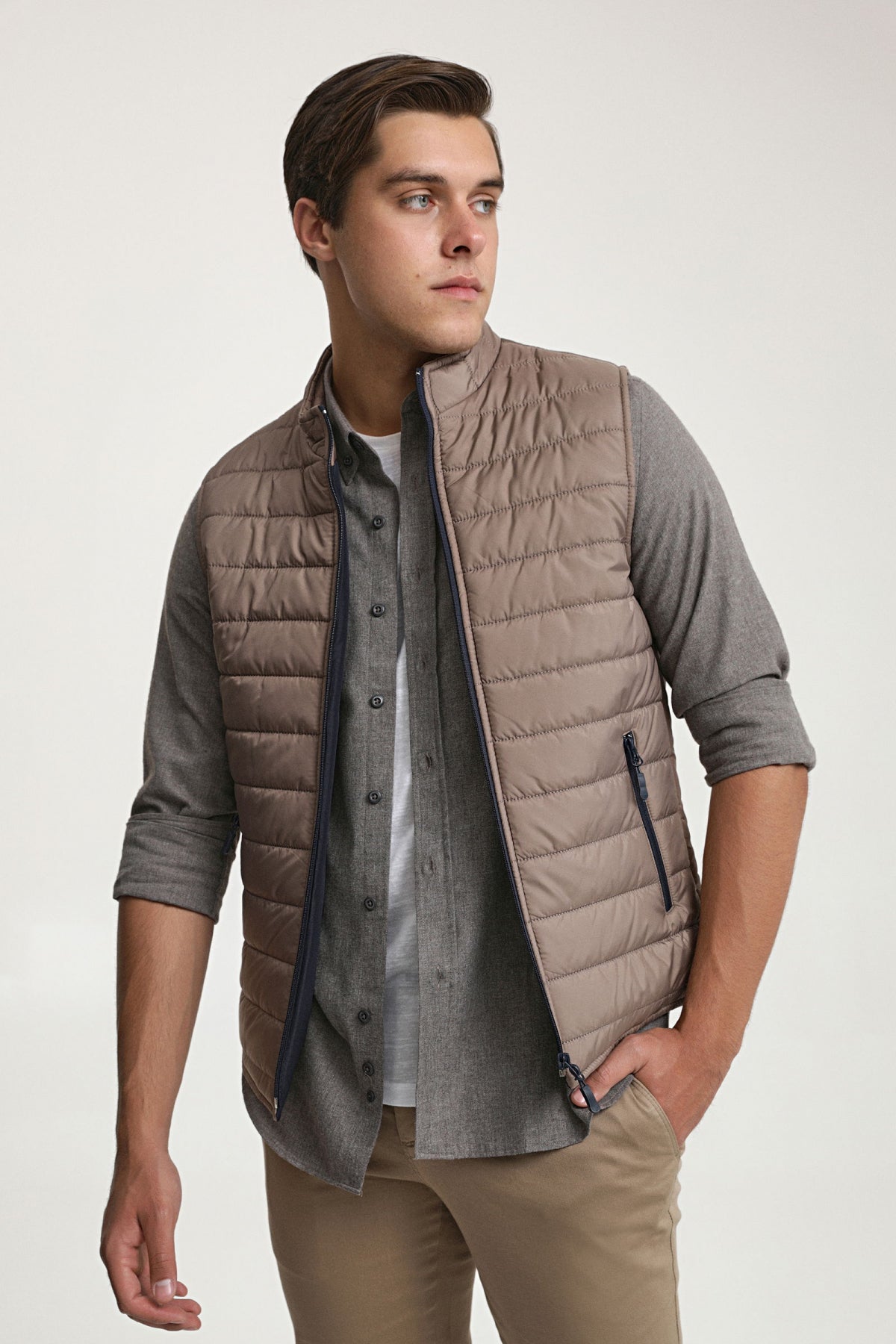 Ds Damat Regular Fit Stand Collar Fiber-Filled Seasonal Zippered Vest Jacket  - Taupe