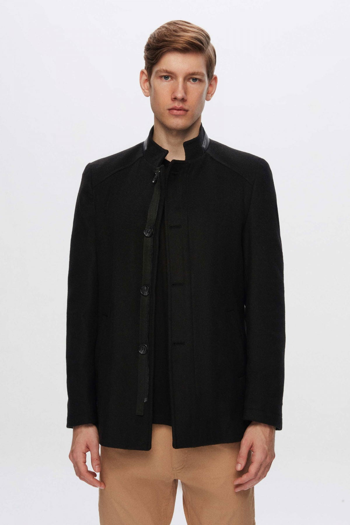 Ds Damat Regular Fit Stand Collar Wool Coat  - Black