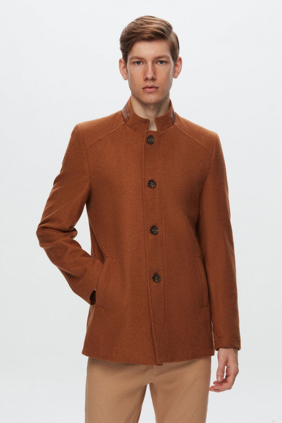 Ds Damat Regular Fit Stand Collar Wool Coat  - Camel
