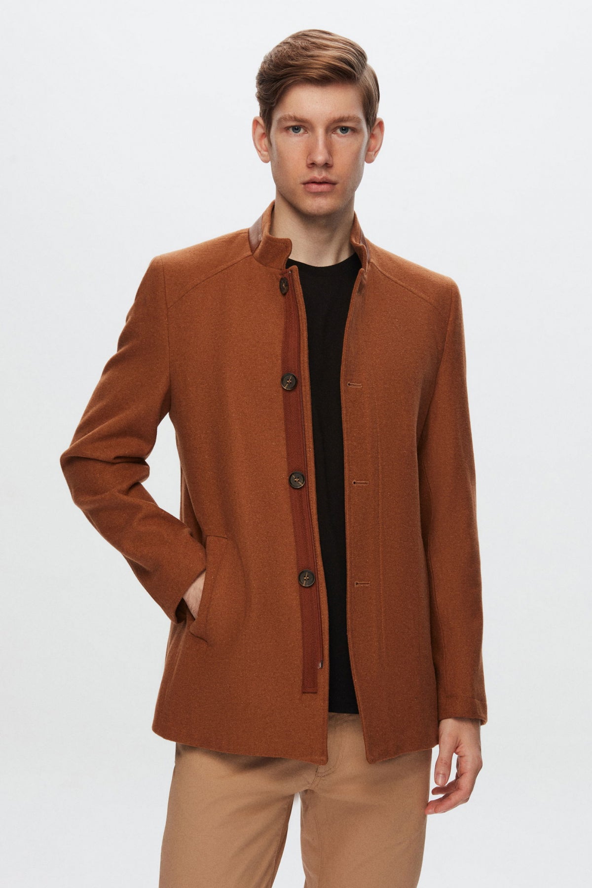 Ds Damat Regular Fit Stand Collar Wool Coat  - Camel