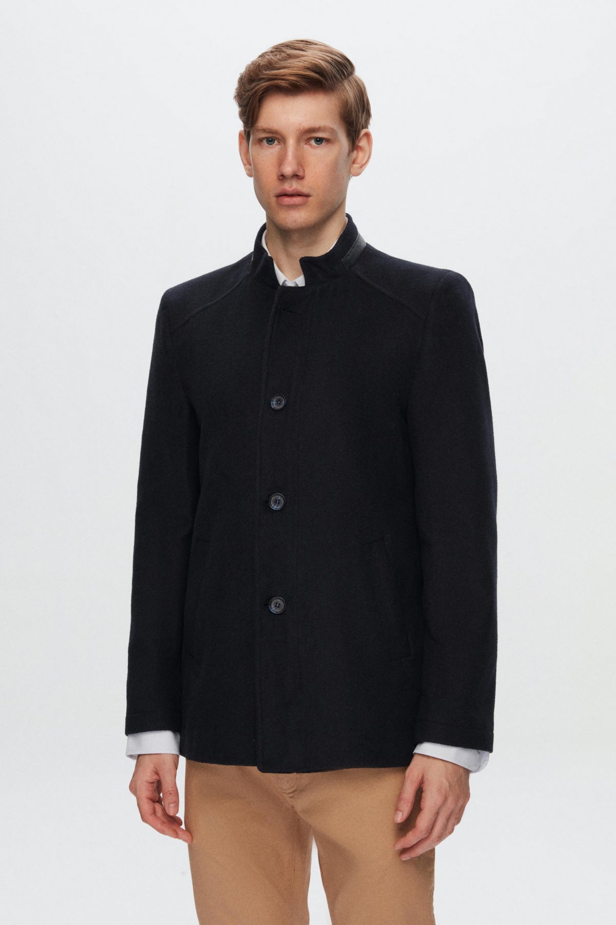 Ds Damat Regular Fit Stand Collar Wool Coat  - Navy Blue