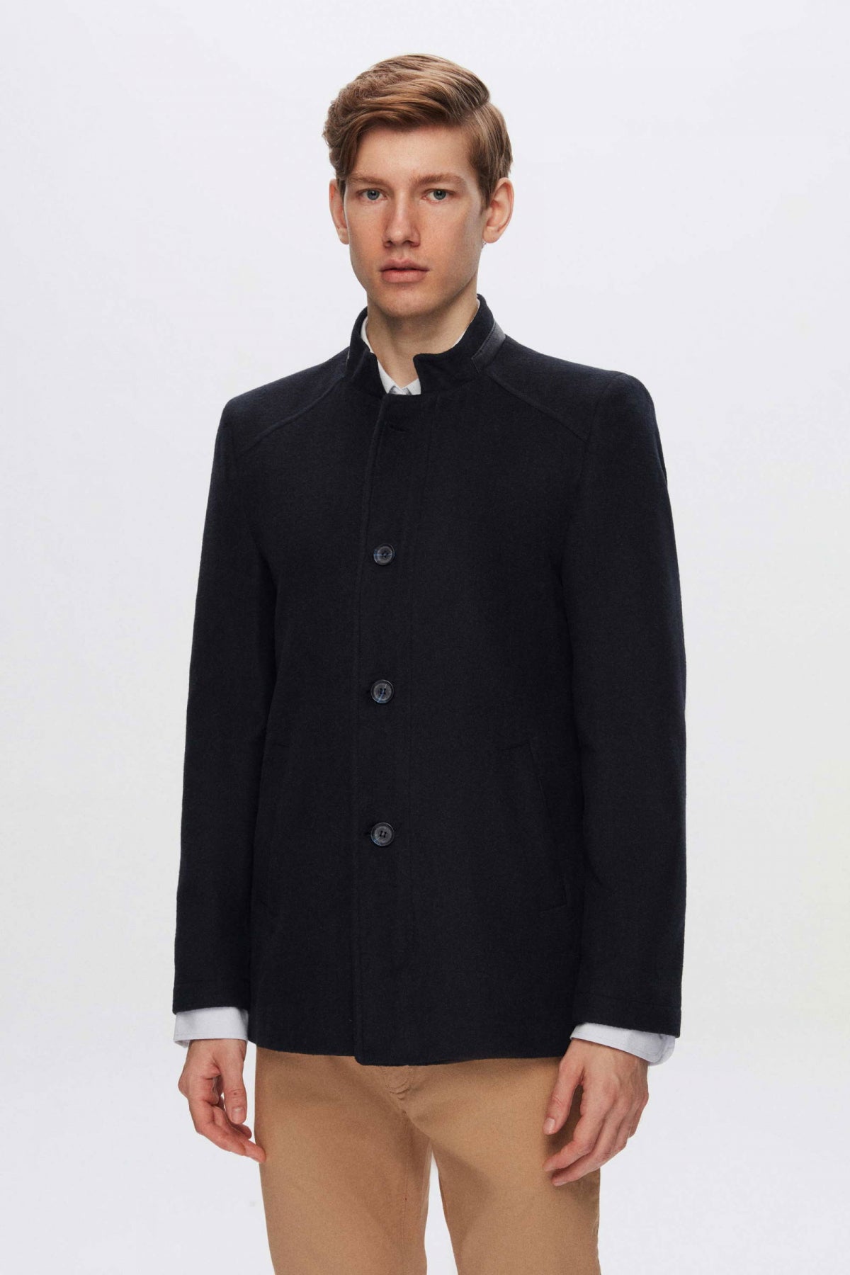 Ds Damat Regular Fit Stand Collar Wool Coat  - Navy Blue