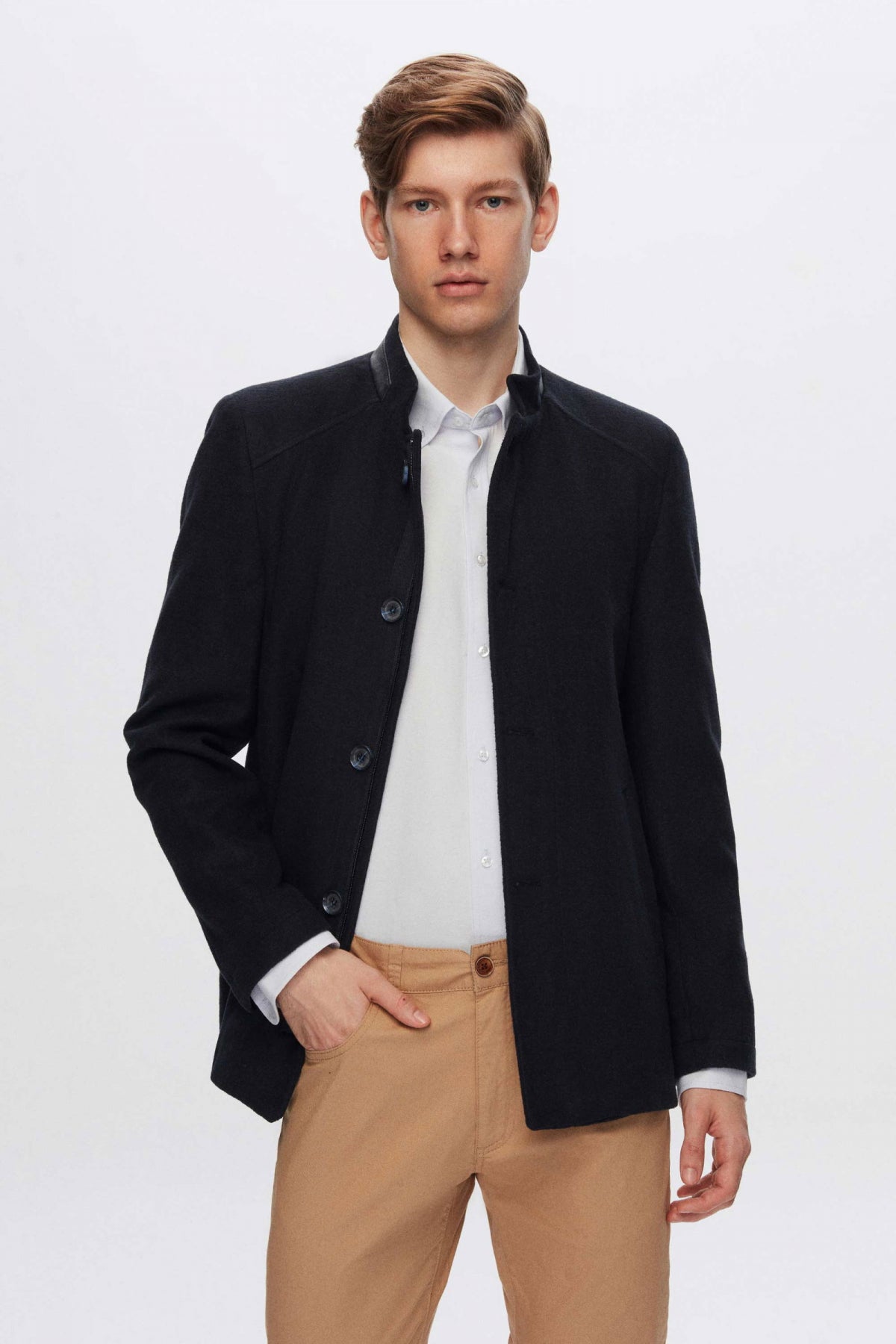 Ds Damat Regular Fit Stand Collar Wool Coat  - Navy Blue