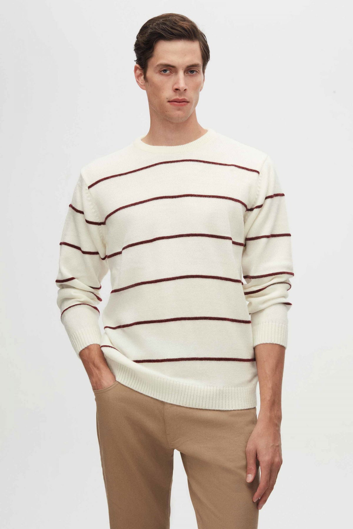 Ds Damat Regular Fit Striped Anti-Pilling Crew Neck Knit Sweater  - Ecru