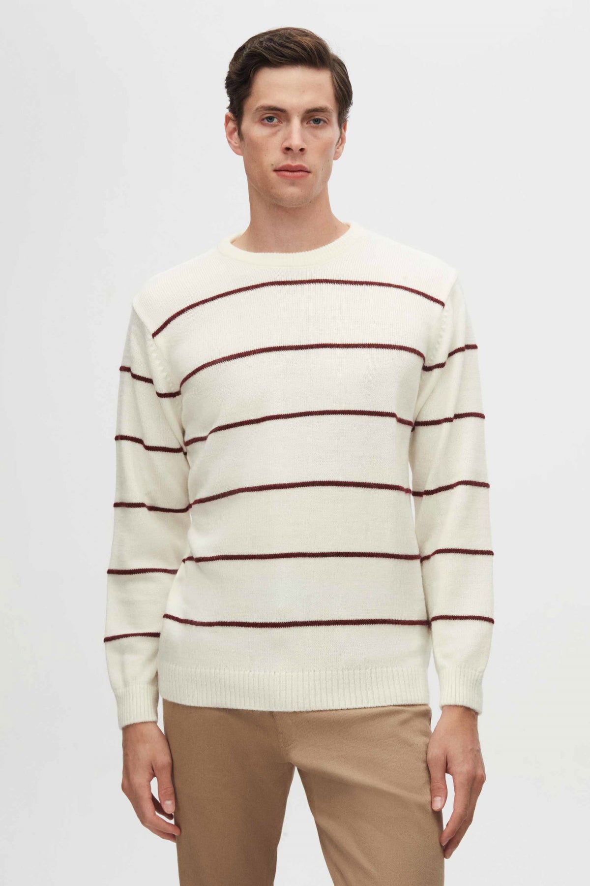 Ds Damat Regular Fit Striped Anti-Pilling Crew Neck Knit Sweater  - Ecru
