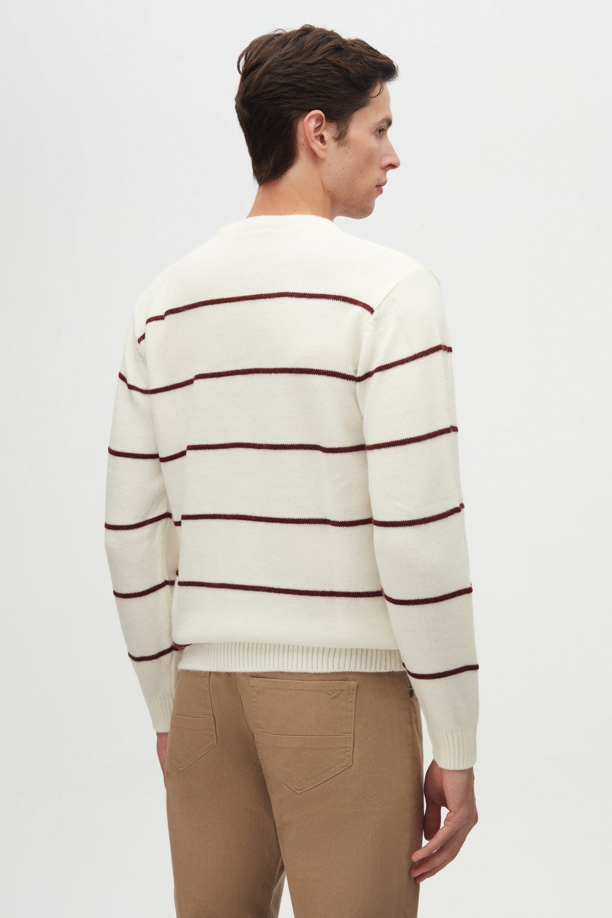 Ds Damat Regular Fit Striped Anti-Pilling Crew Neck Knit Sweater  - Ecru