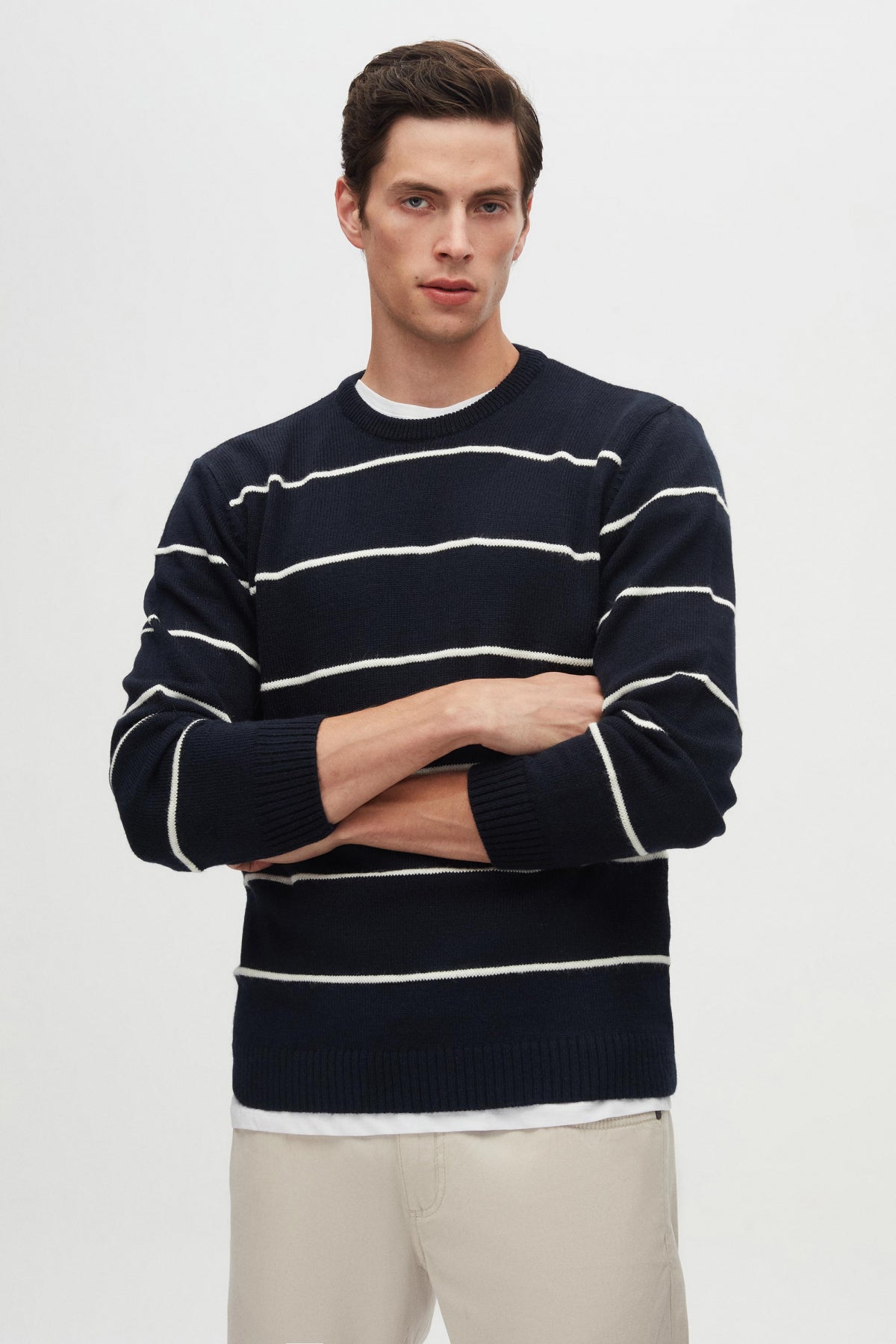 Ds Damat Regular Fit Striped Anti-Pilling Crew Neck Knit Sweater  - Navy Blue