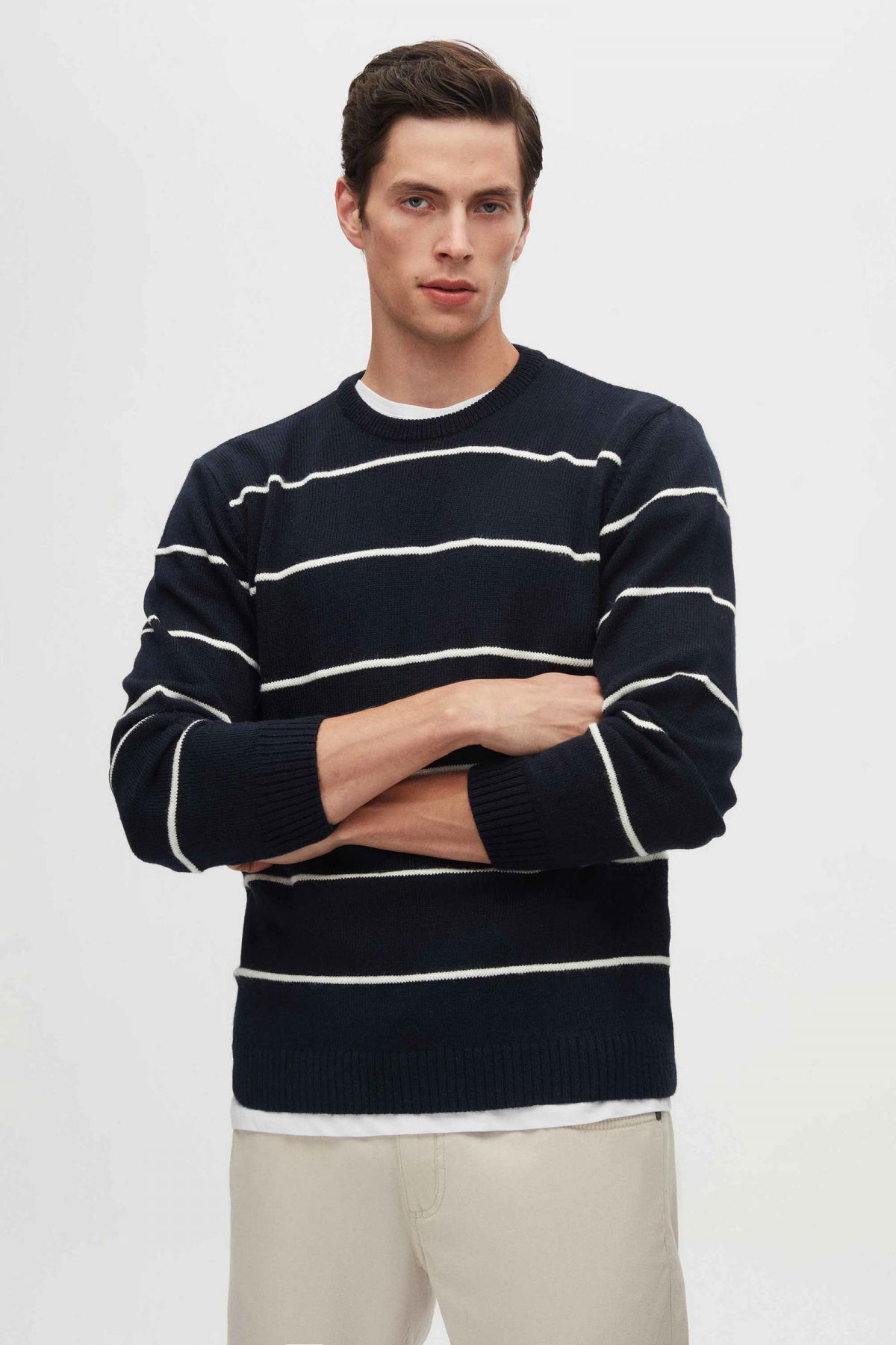 Ds Damat Regular Fit Striped Anti-Pilling Crew Neck Knit Sweater  - Navy Blue