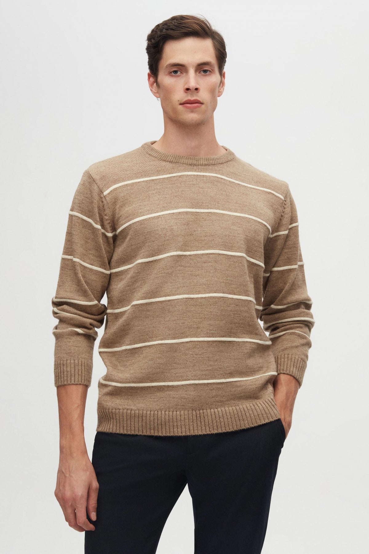 Ds Damat Regular Fit Striped Anti-Pilling Crew Neck Knit Sweater  - Taupe