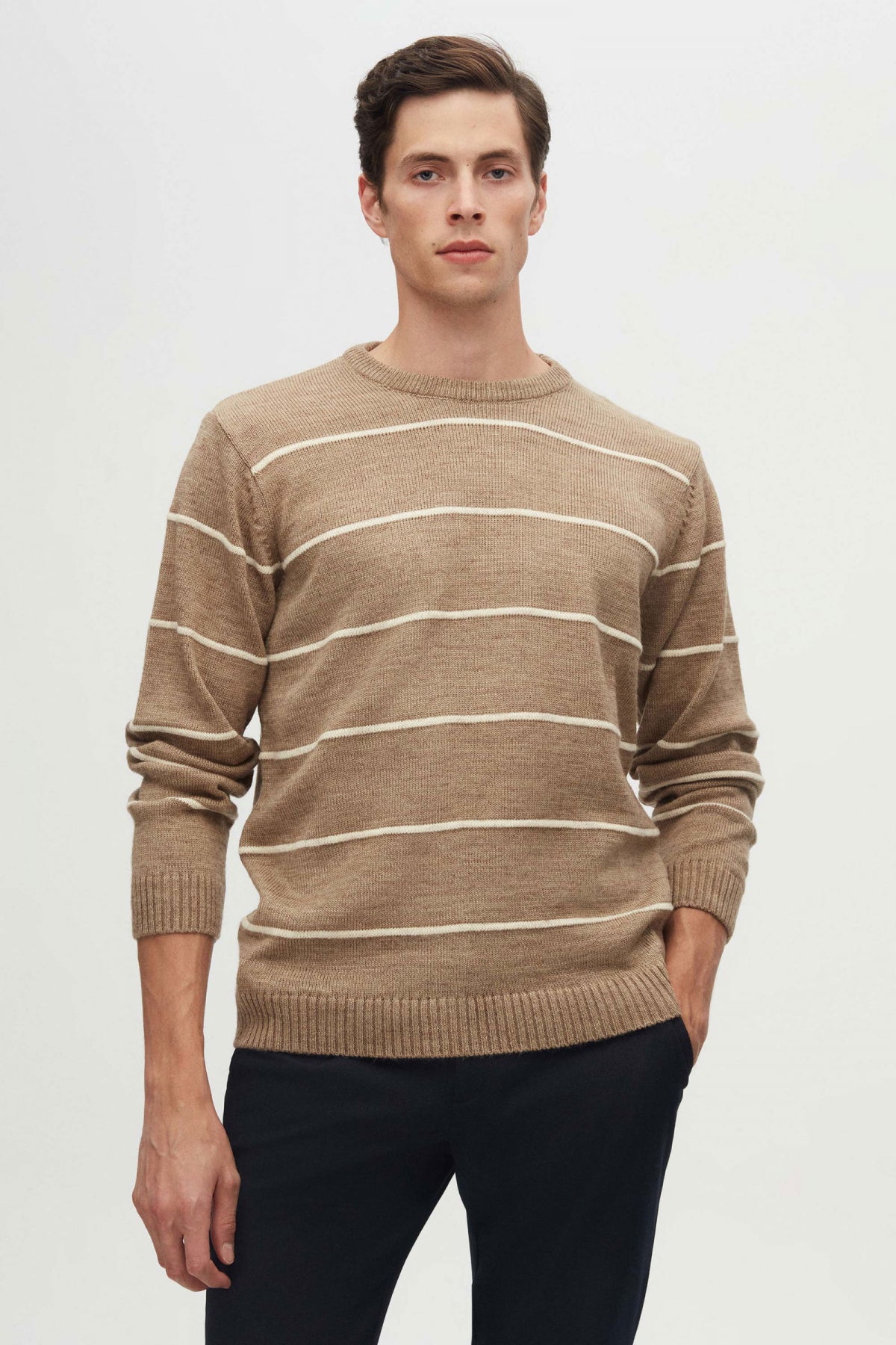 Ds Damat Regular Fit Striped Anti-Pilling Crew Neck Knit Sweater  - Taupe