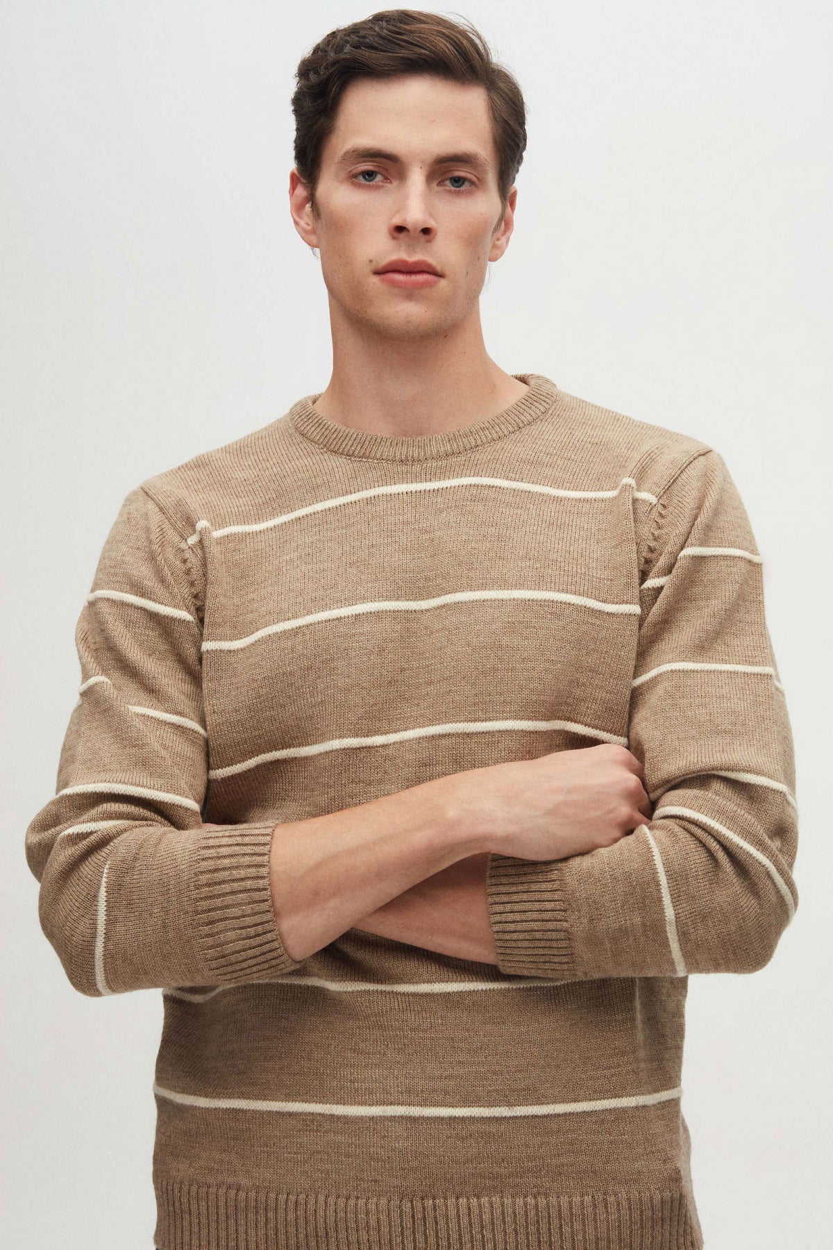 Ds Damat Regular Fit Striped Anti-Pilling Crew Neck Knit Sweater  - Taupe