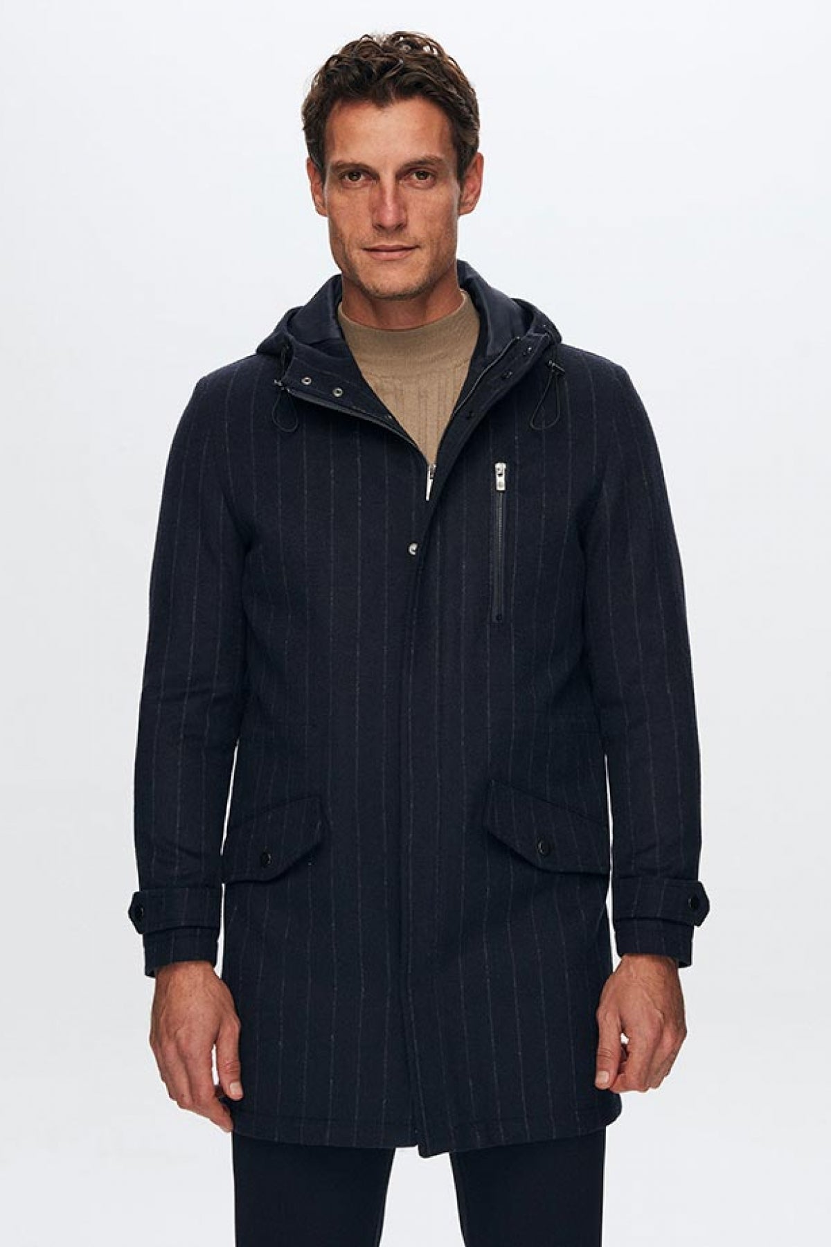 Ds Damat Regular Fit Striped Wool Hooded Coat  - Navy Blue