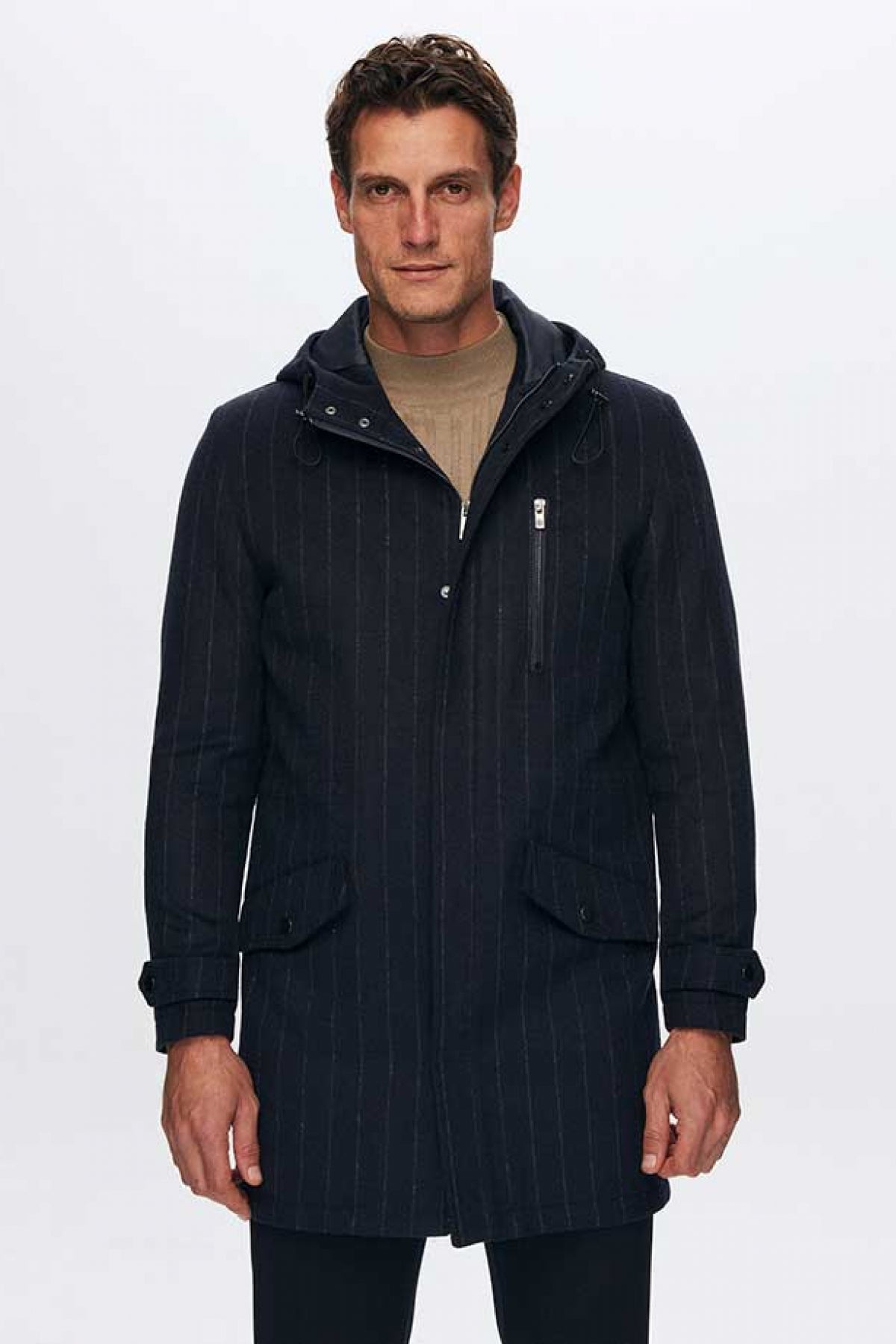 Ds Damat Regular Fit Striped Wool Hooded Coat  - Navy Blue