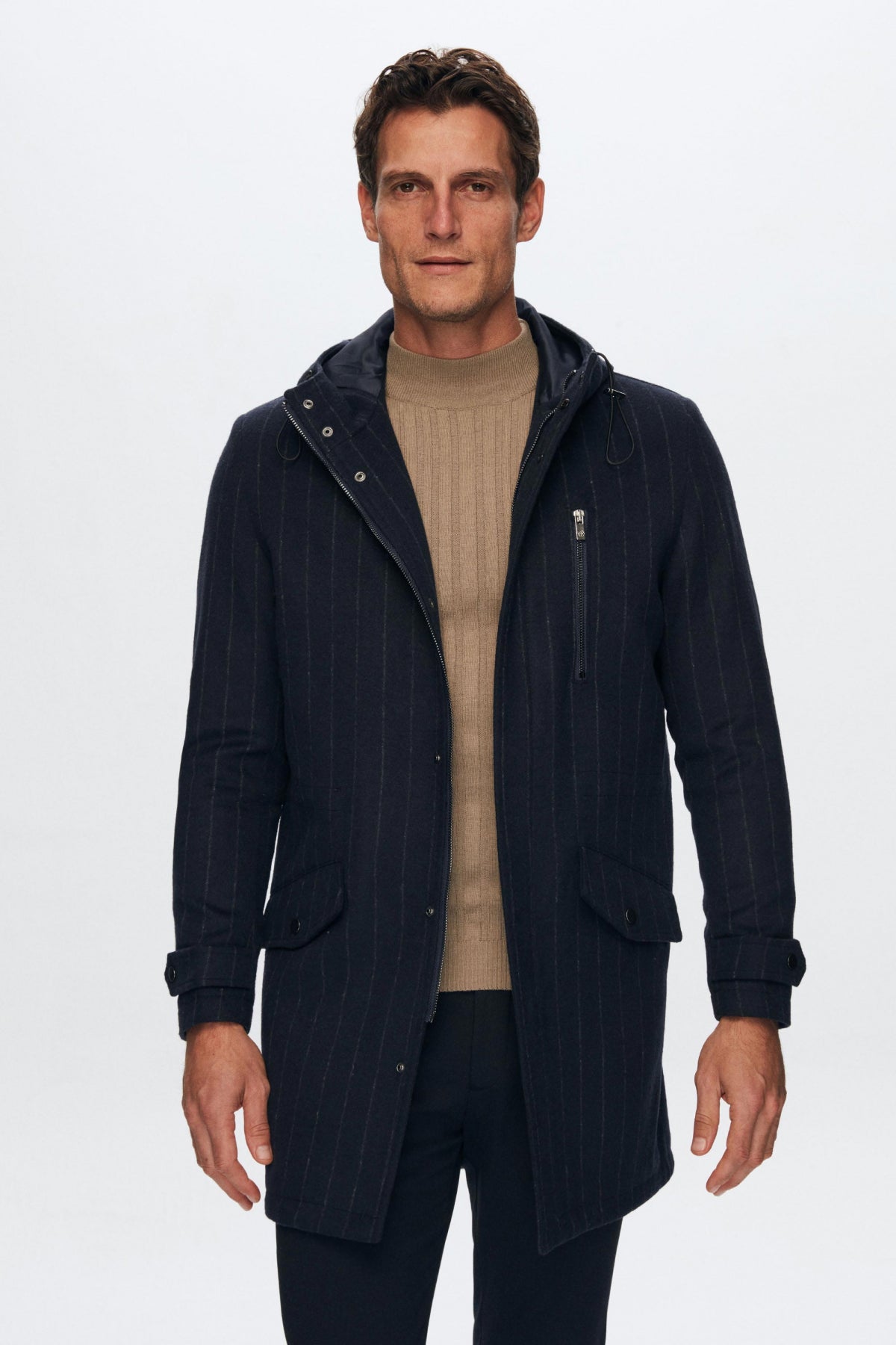 Ds Damat Regular Fit Striped Wool Hooded Coat  - Navy Blue