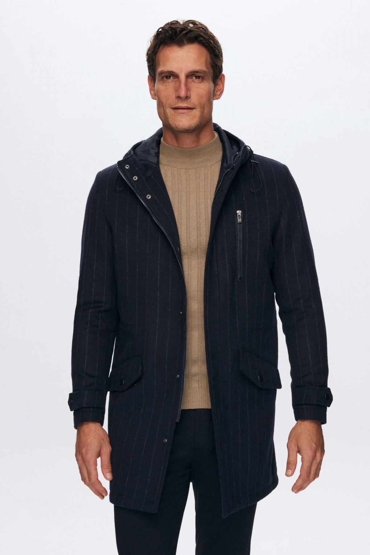 Ds Damat Regular Fit Striped Wool Hooded Coat  - Navy Blue