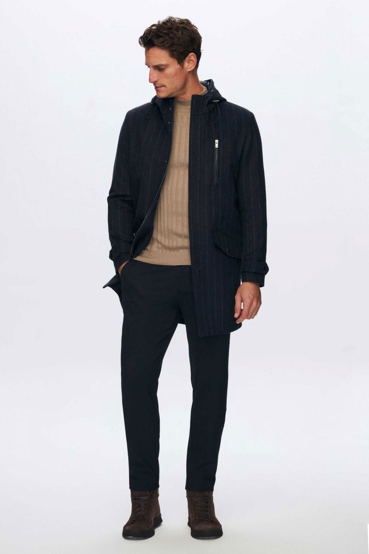 Ds Damat Regular Fit Striped Wool Hooded Coat  - Navy Blue