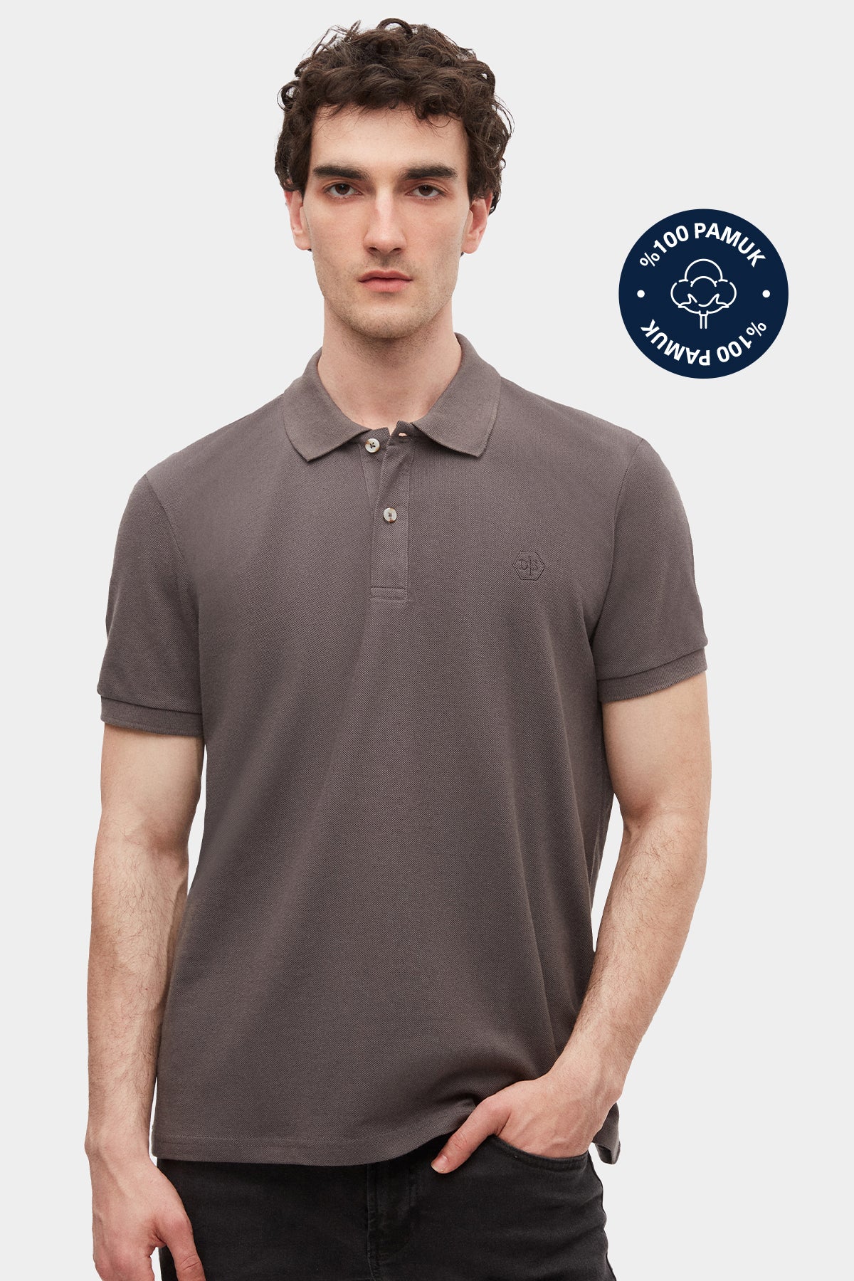 Ds Damat Regular Fit Textured 100% Cotton Wrinkle-Resistant Polo Collar Embroidered T-Shirt  - Anthracite