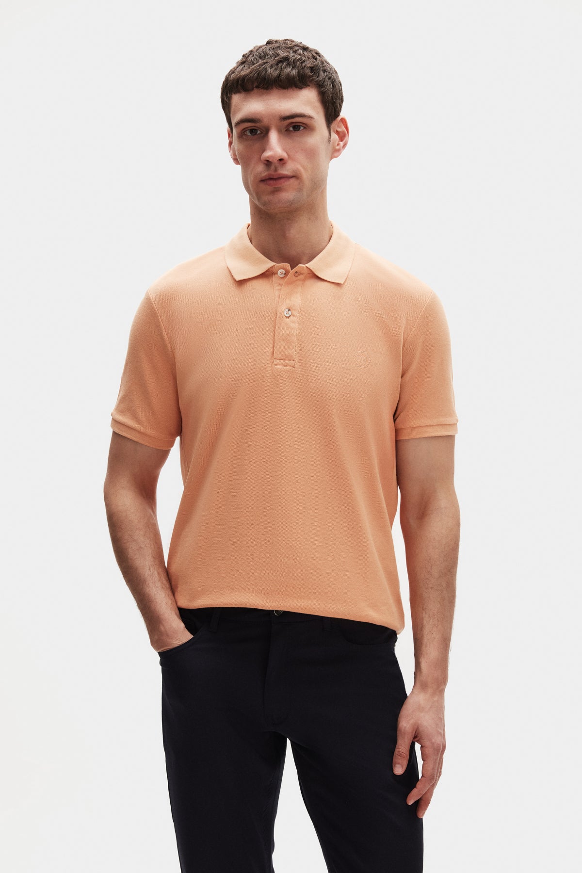 Ds Damat Regular Fit Textured 100% Cotton Wrinkle-Resistant Polo Collar Embroidered T-Shirt  - Apricot