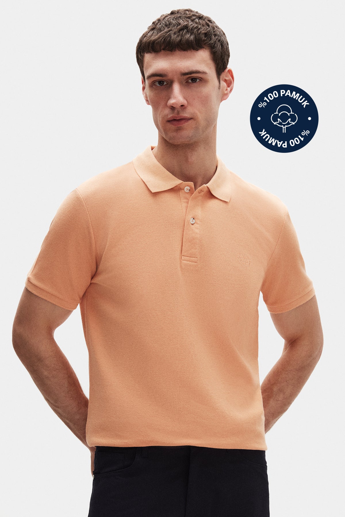 Ds Damat Regular Fit Textured 100% Cotton Wrinkle-Resistant Polo Collar Embroidered T-Shirt  - Apricot