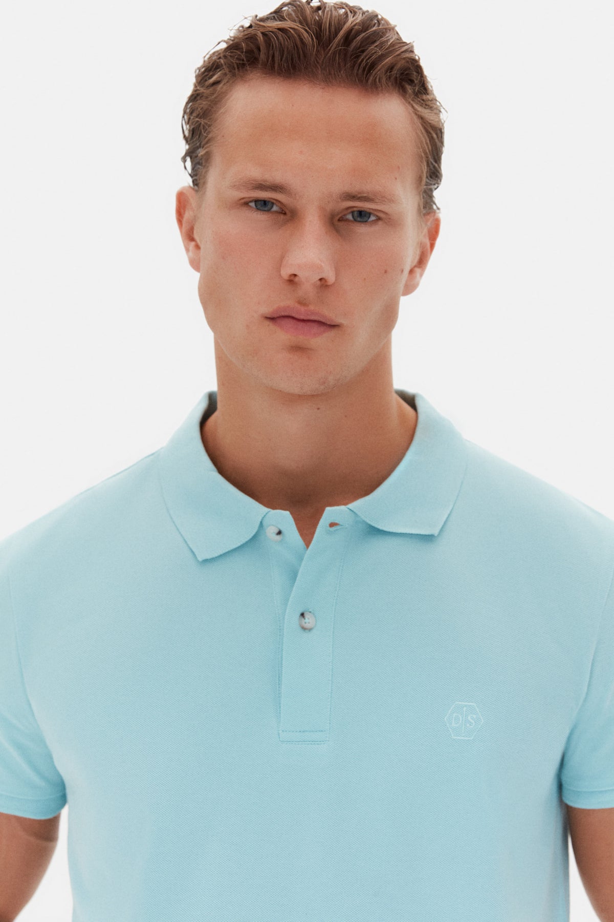 Ds Damat Regular Fit Textured 100% Cotton Wrinkle-Resistant Polo Collar Embroidered T-Shirt  - Aqua