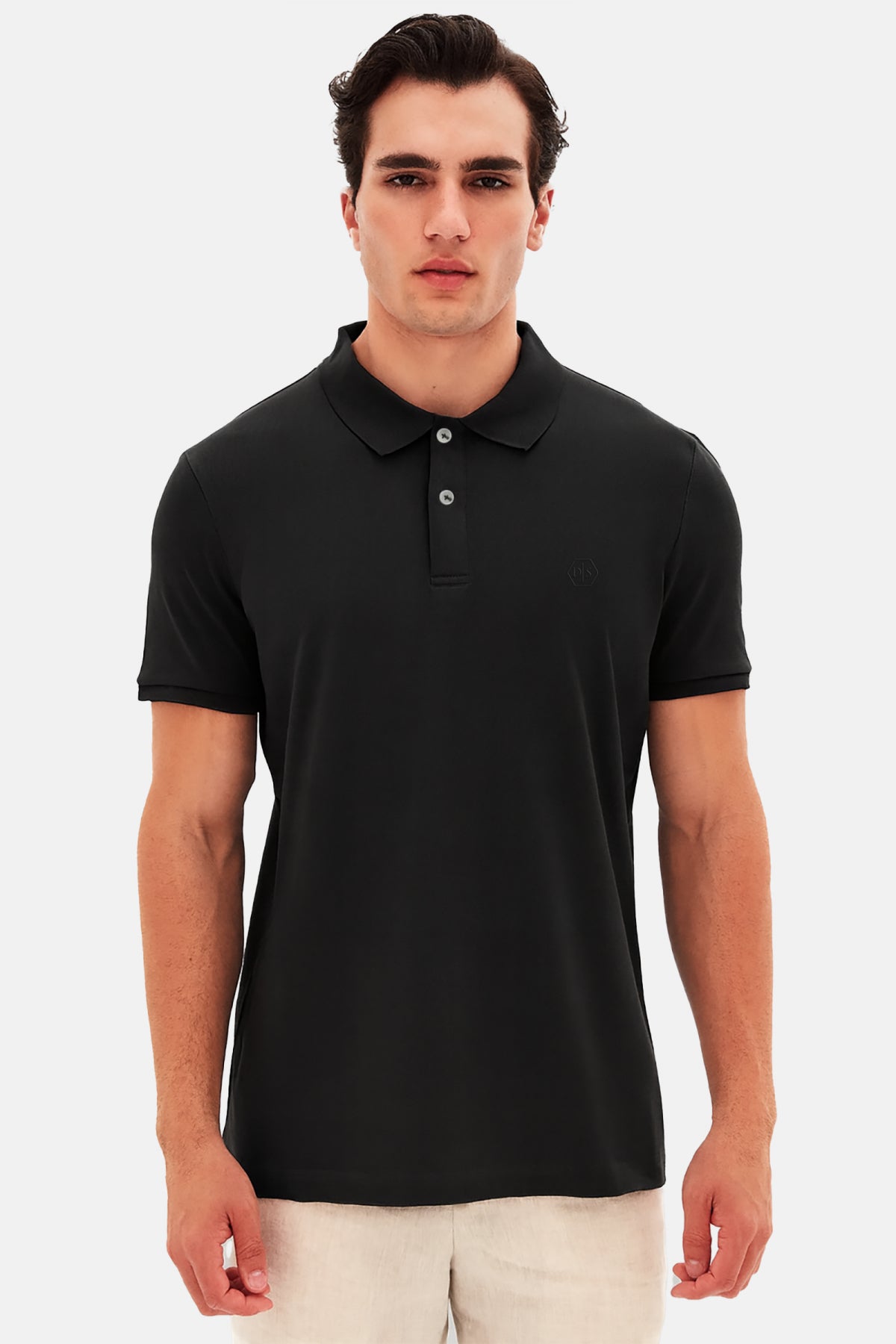 Ds Damat Regular Fit Textured 100% Cotton Wrinkle-Resistant Polo Collar Embroidered T-Shirt  - Black