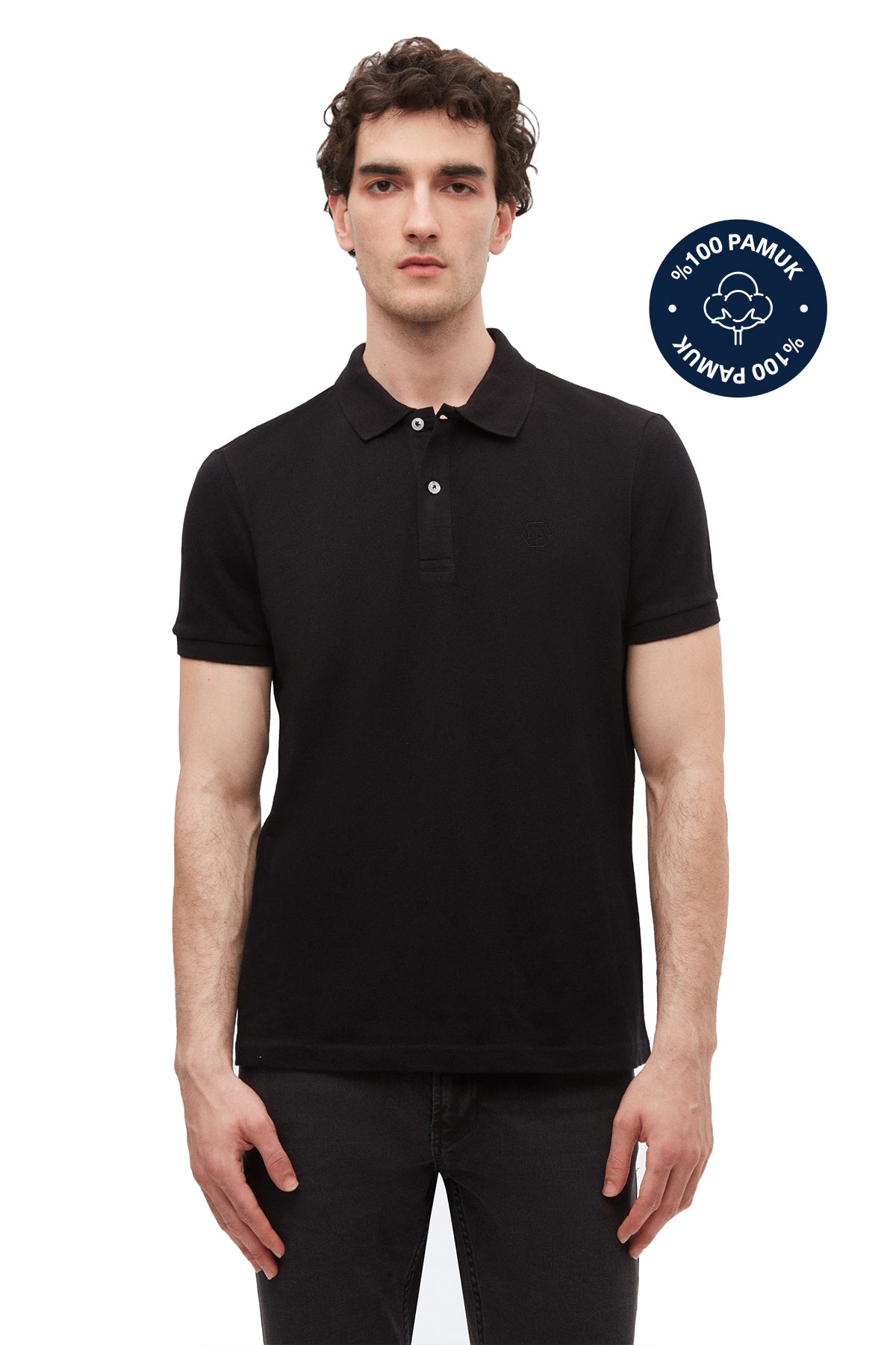 Ds Damat Regular Fit Textured 100% Cotton Wrinkle-Resistant Polo Collar Embroidered T-Shirt  - Black