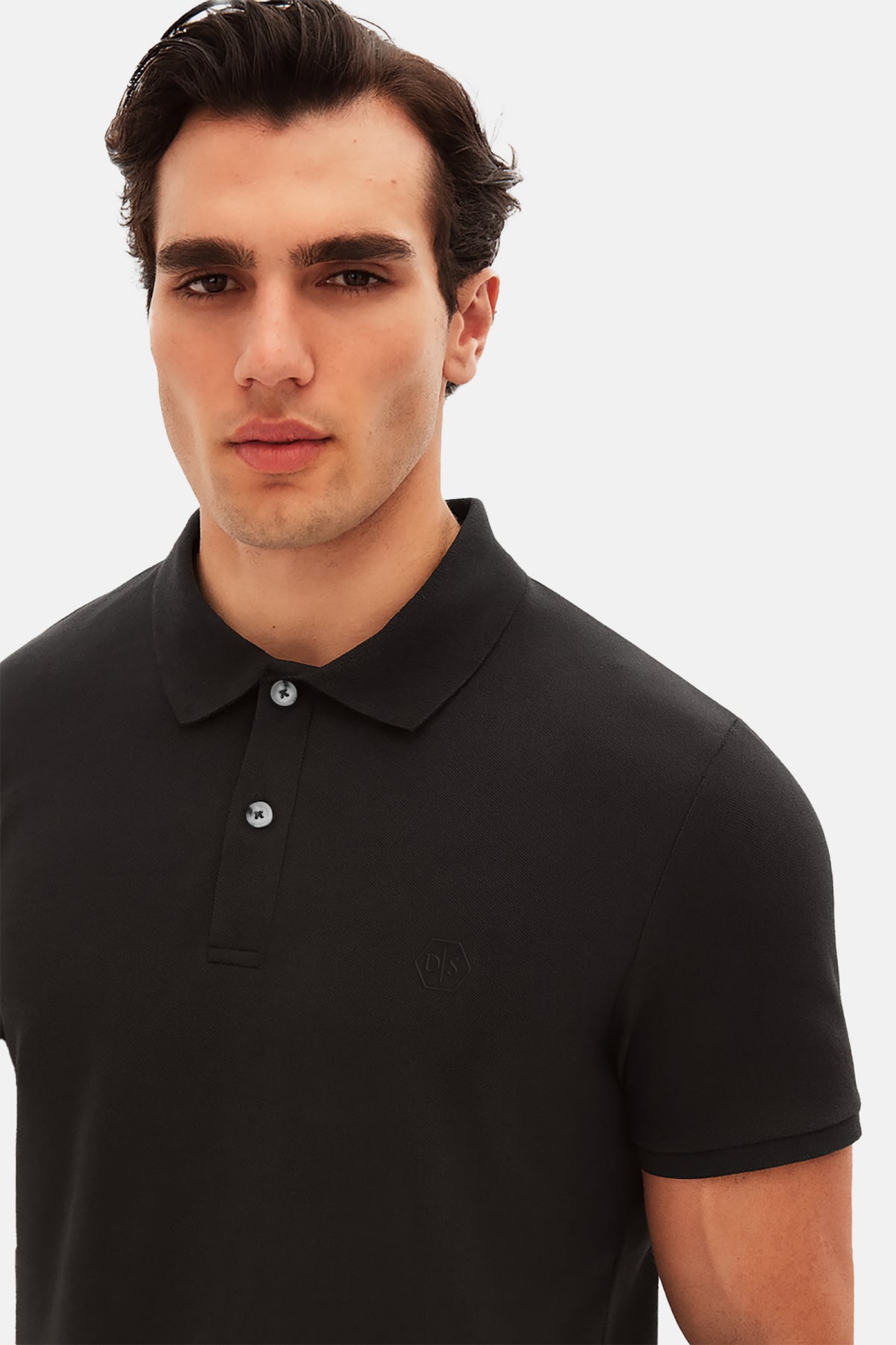 Ds Damat Regular Fit Textured 100% Cotton Wrinkle-Resistant Polo Collar Embroidered T-Shirt  - Black
