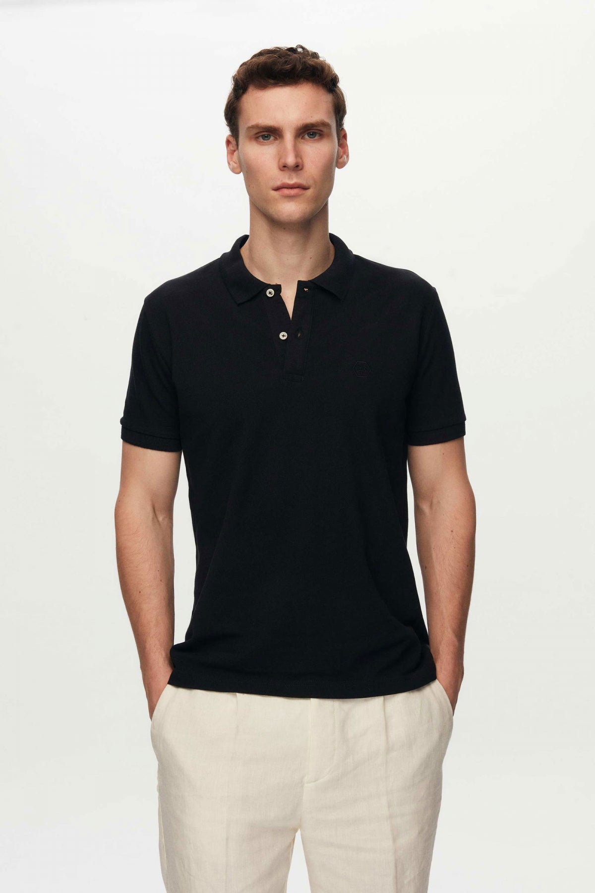 Ds Damat Regular Fit Textured 100% Cotton Wrinkle-Resistant Polo Collar Embroidered T-Shirt  - Black