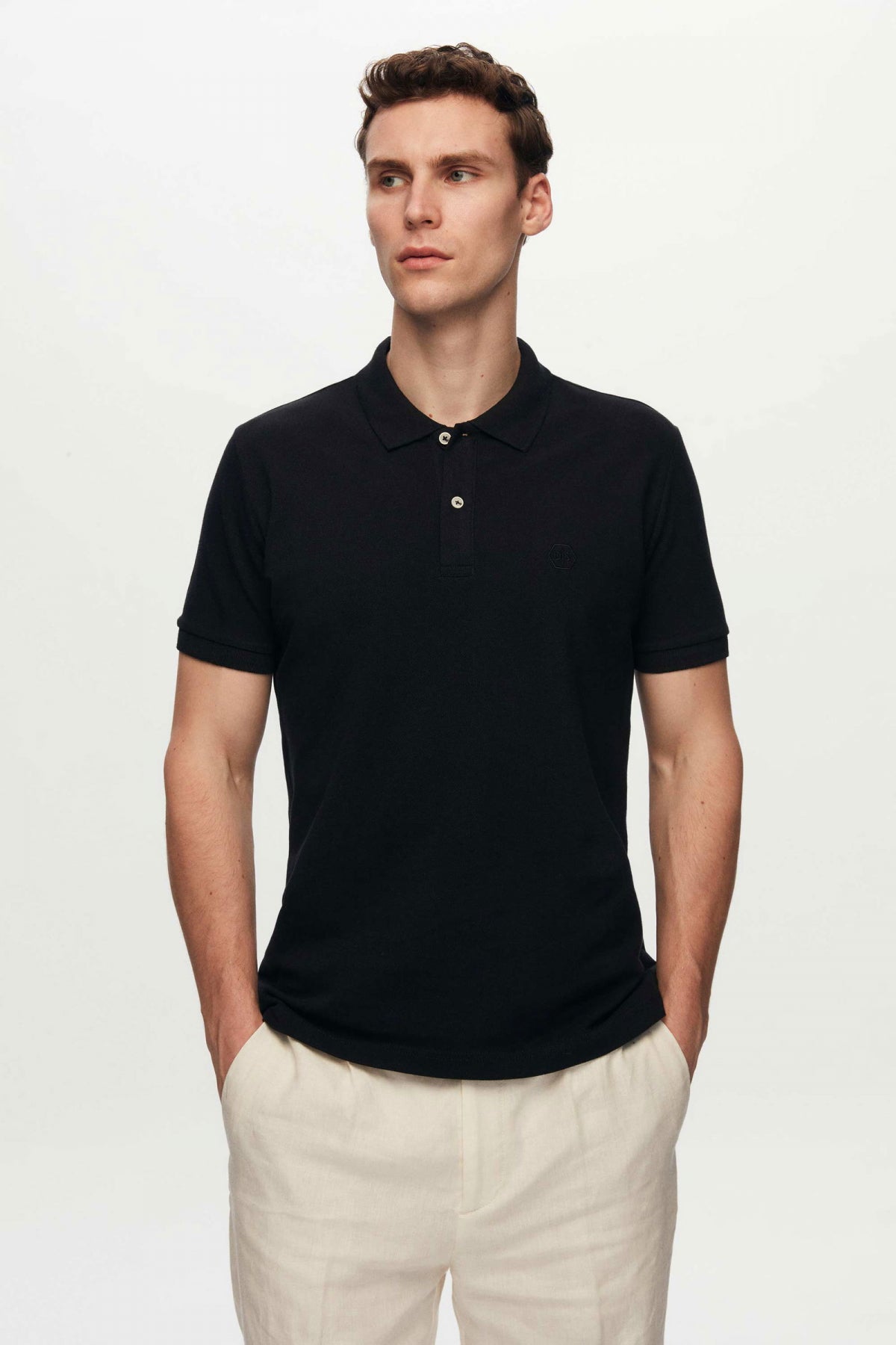 Ds Damat Regular Fit Textured 100% Cotton Wrinkle-Resistant Polo Collar Embroidered T-Shirt  - Black