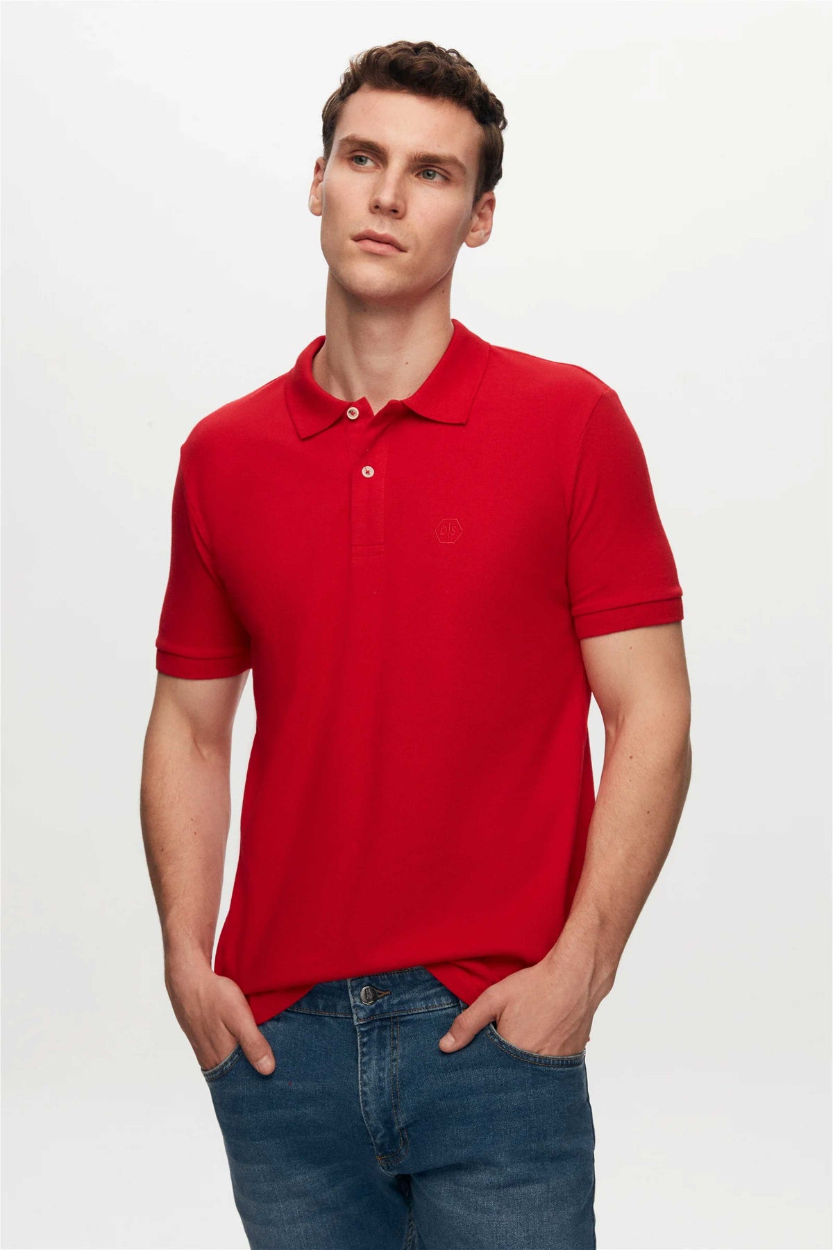 Ds Damat Regular Fit Textured 100% Cotton Wrinkle-Resistant Polo Collar Embroidered T-Shirt  - Brick