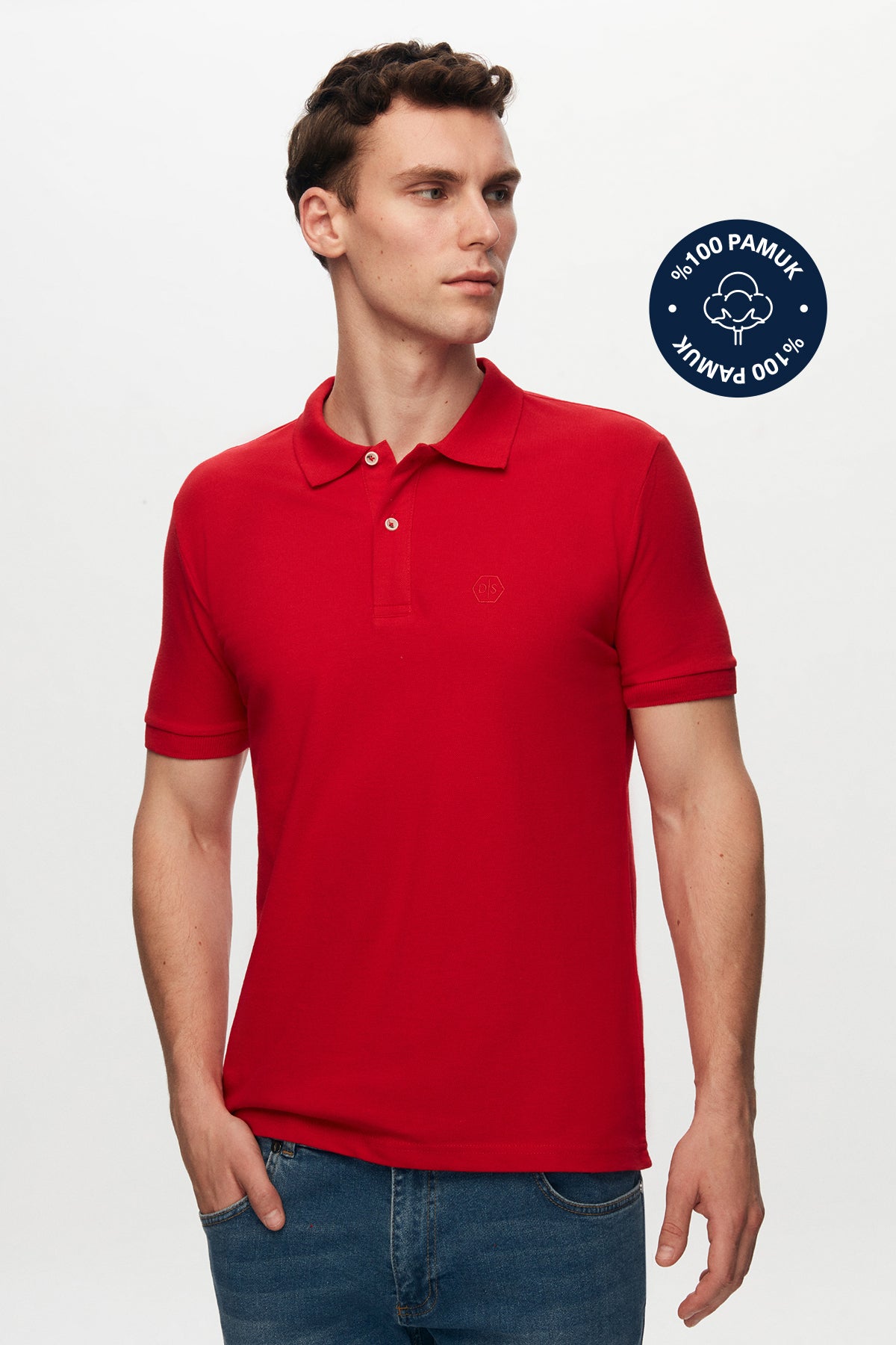 Ds Damat Regular Fit Textured 100% Cotton Wrinkle-Resistant Polo Collar Embroidered T-Shirt  - Brick